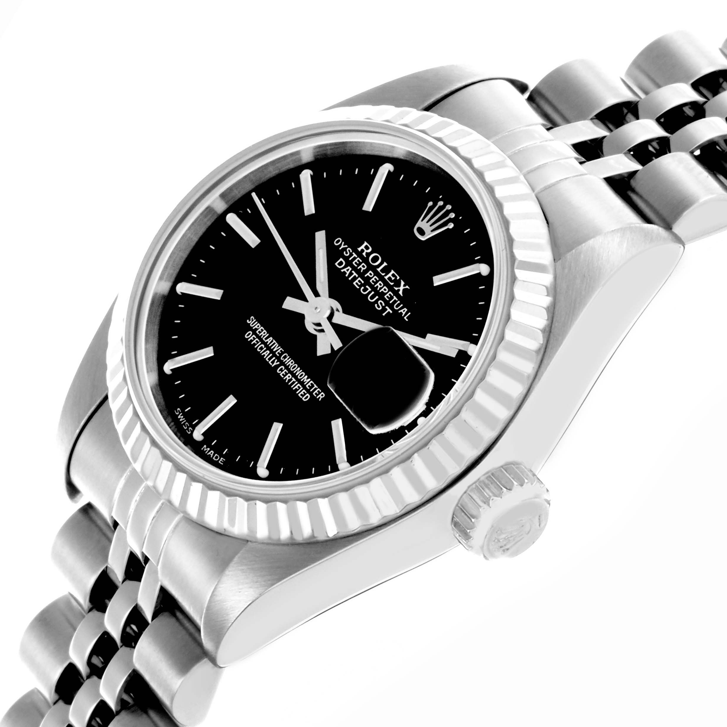 The image shows a Rolex Datejust 79174 Women's Stainless Steel Black Dial 79174 Women's Stainless Steel Black Dial model watch from a side angle, highlighting the dial, bezel, crown, and bracelet.