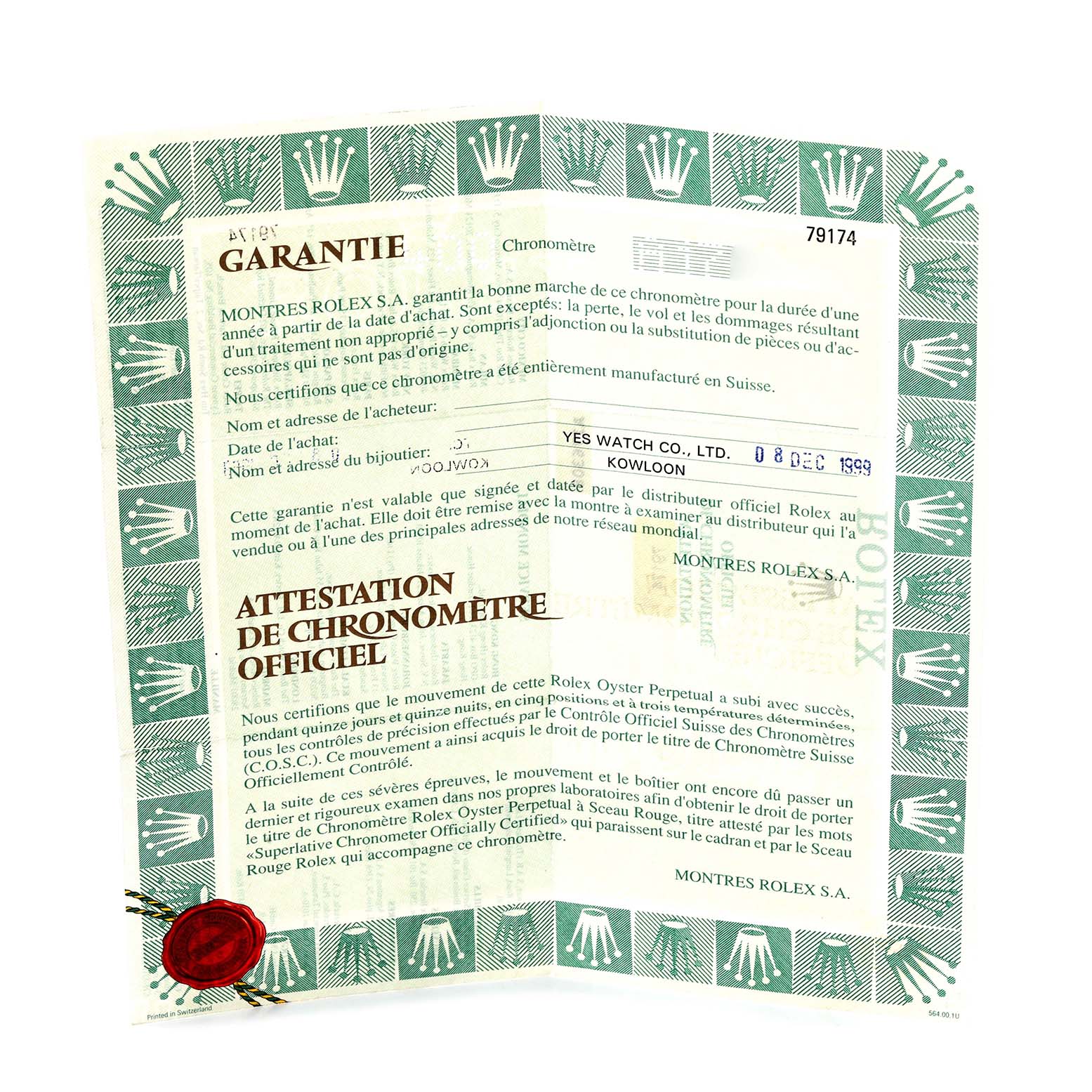 This image shows the certificate of warranty for a Rolex Datejust 79174 Women's Stainless Steel Black Dial 79174 Women's Stainless Steel Black Dial watch, featuring text and a decorative border.