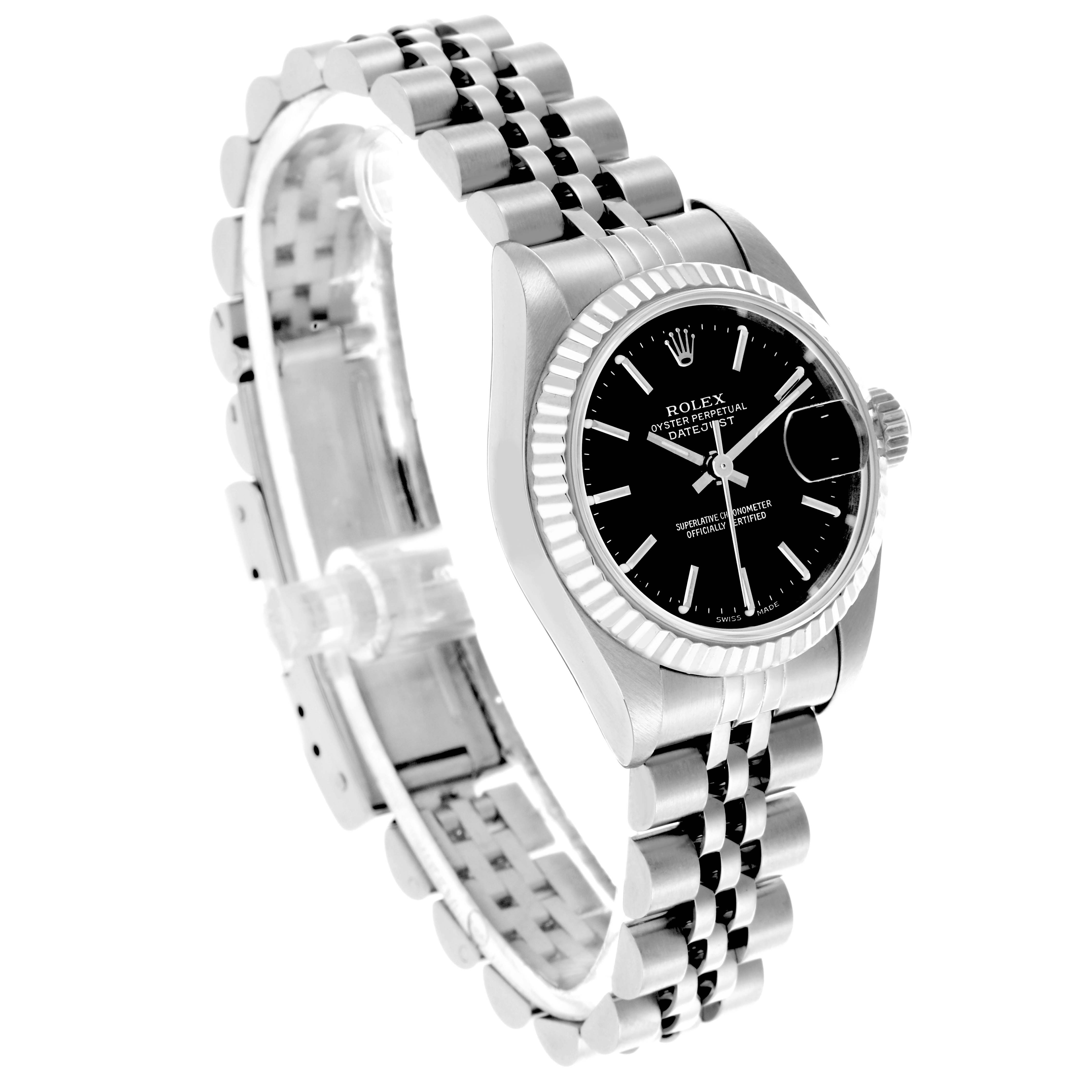 The image shows a Rolex Datejust 79174 Women's Stainless Steel Black Dial 79174 Women's Stainless Steel Black Dial watch at a three-quarter angle, highlighting the dial, bezel, crown, and bracelet.