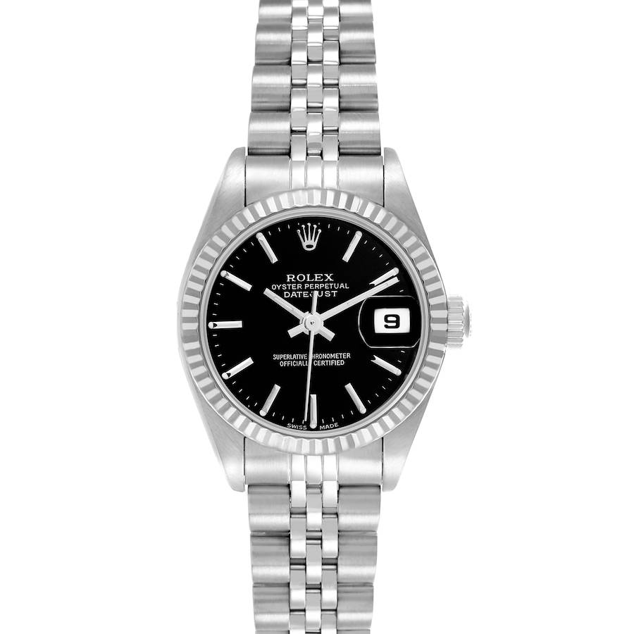 The Rolex Datejust watch is shown from a straight-on angle, highlighting the black dial, date window, and Jubilee bracelet.