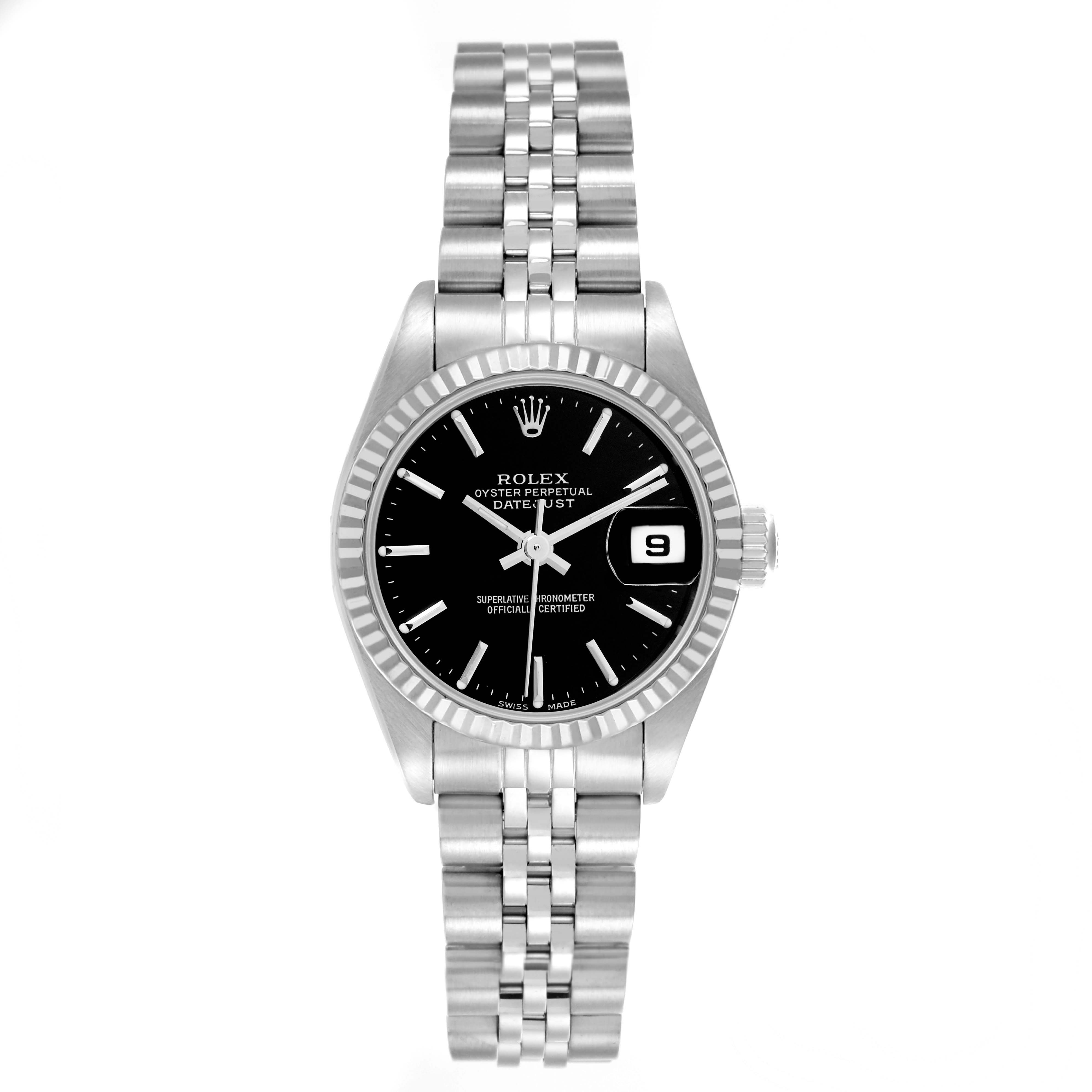 The Rolex Datejust 79174 Women's Stainless Steel Black Dial 79174 Women's Stainless Steel Black Dial watch is shown from a front angle, highlighting the dial, bezel, bracelet, and date feature.