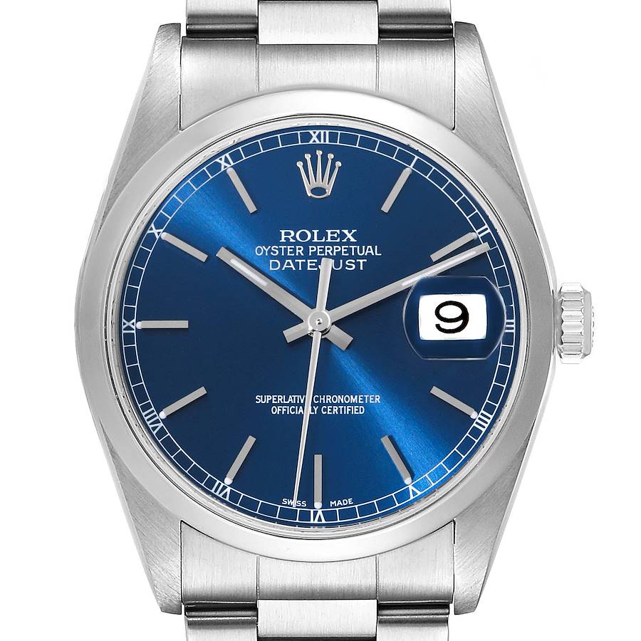Rolex Datejust Blue Dial Smooth Bezel Steel Mens Watch 16200 Box Papers SwissWatchExpo