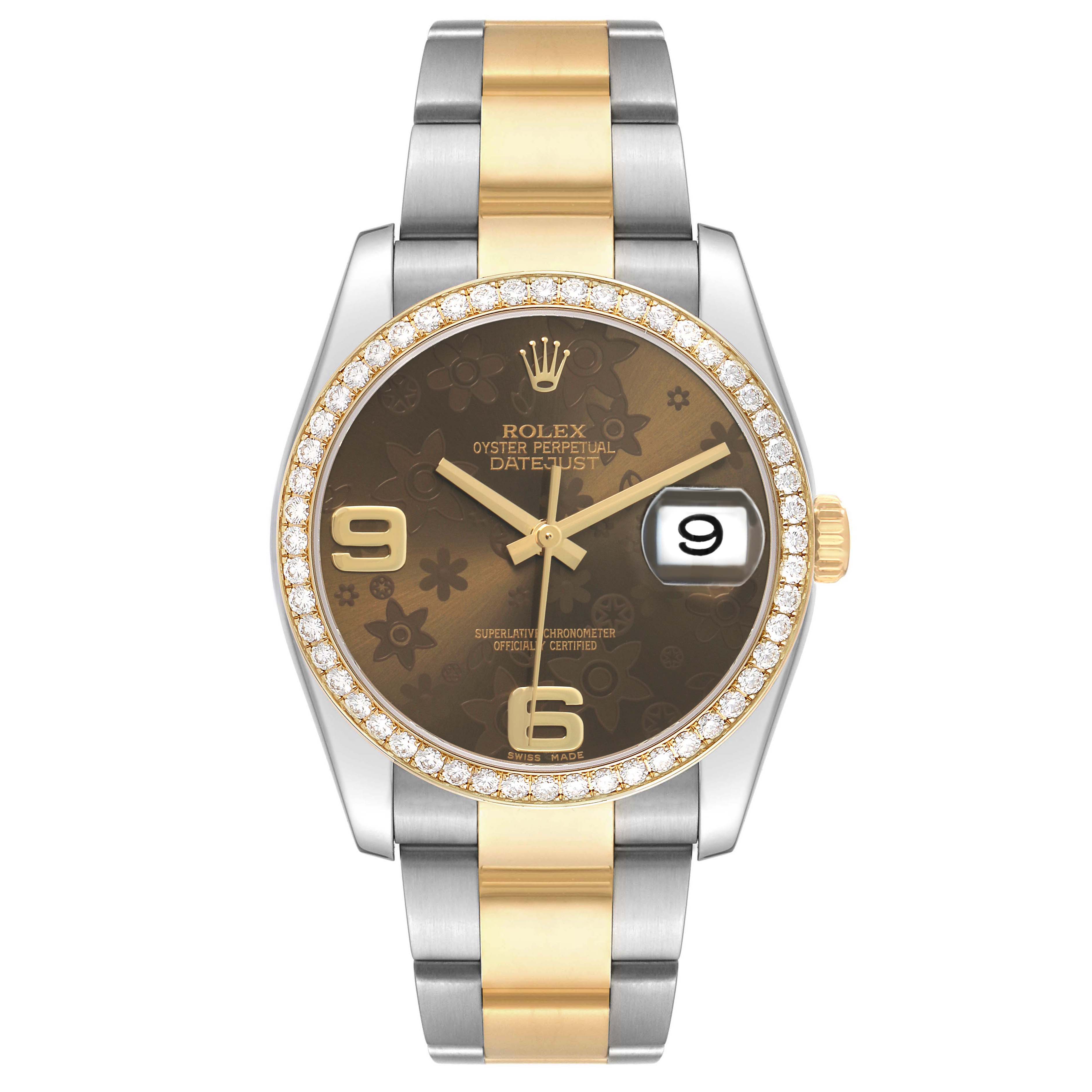 The Rolex Datejust 116243 Men's Steel and Gold (two tone) Brown Dial watch is shown from a top-down angle, displaying the face, bezel, crown, and bracelet.