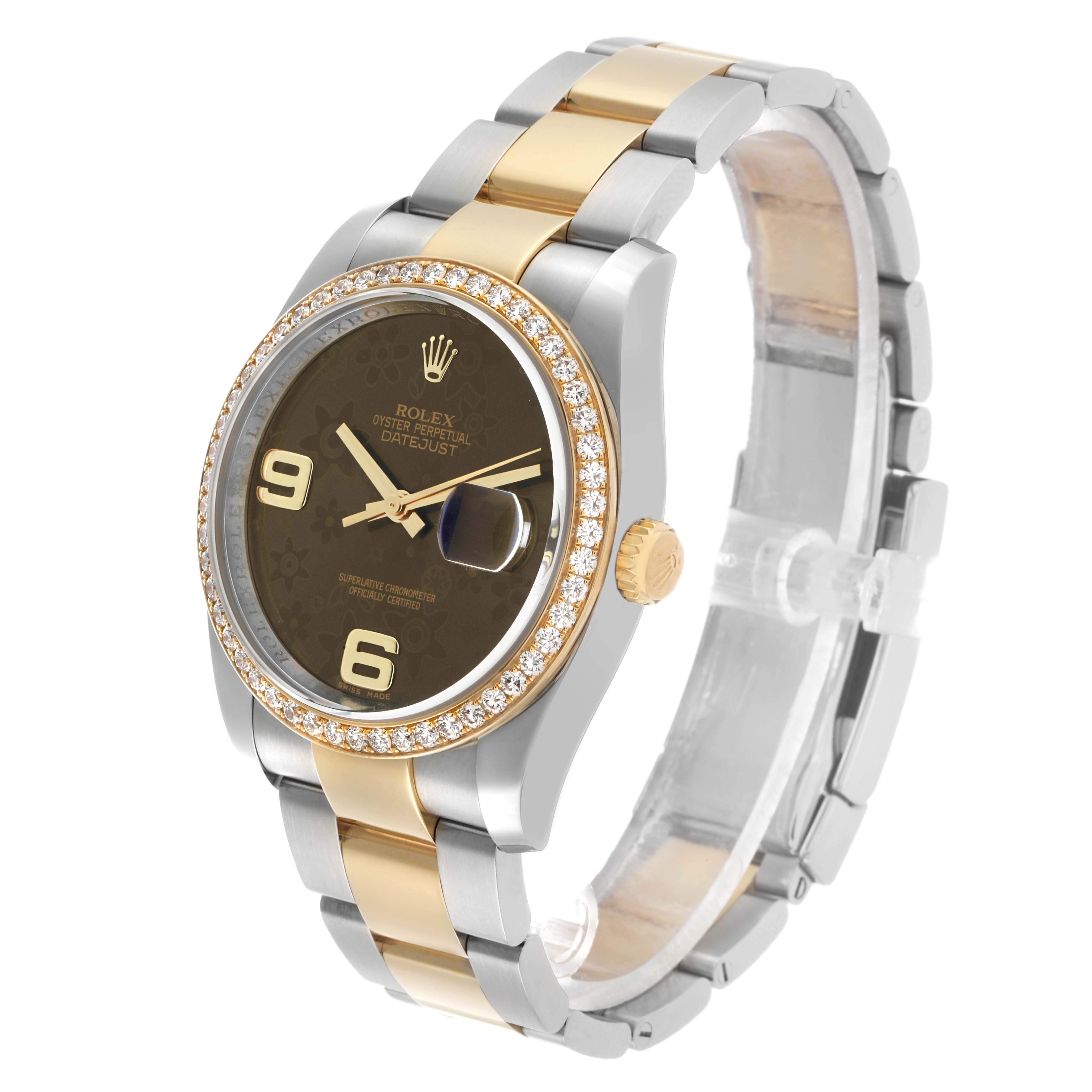 The Rolex Datejust 116243 Men's Steel and Gold (two tone) Brown Dial watch is shown at a three-quarter angle, highlighting the face, bezel, crown, and bracelet.