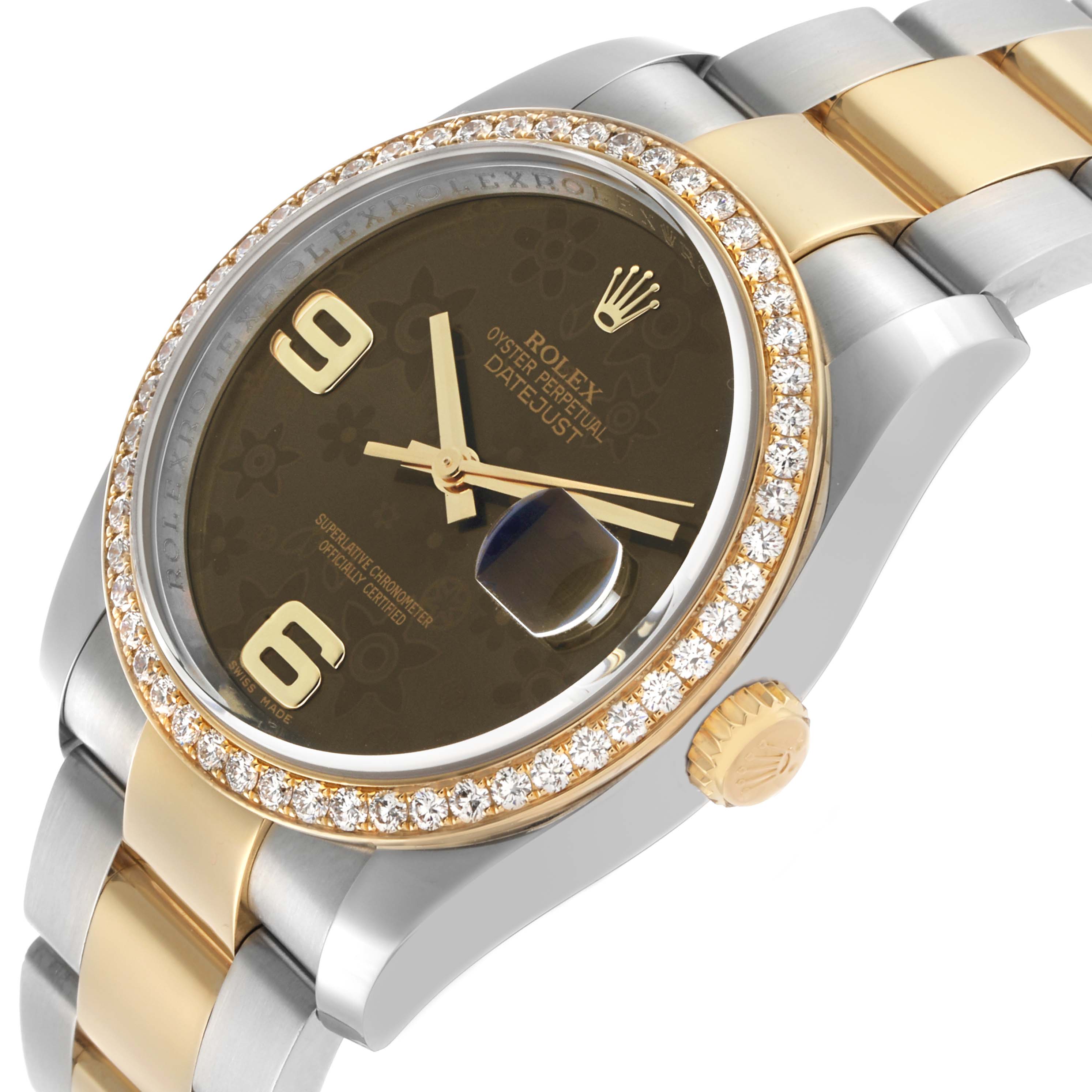 The Rolex Datejust 116243 Men's Steel and Gold (two tone) Brown Dial watch is shown at an angled side view, highlighting the bezel, dial, crown, and two-tone bracelet.