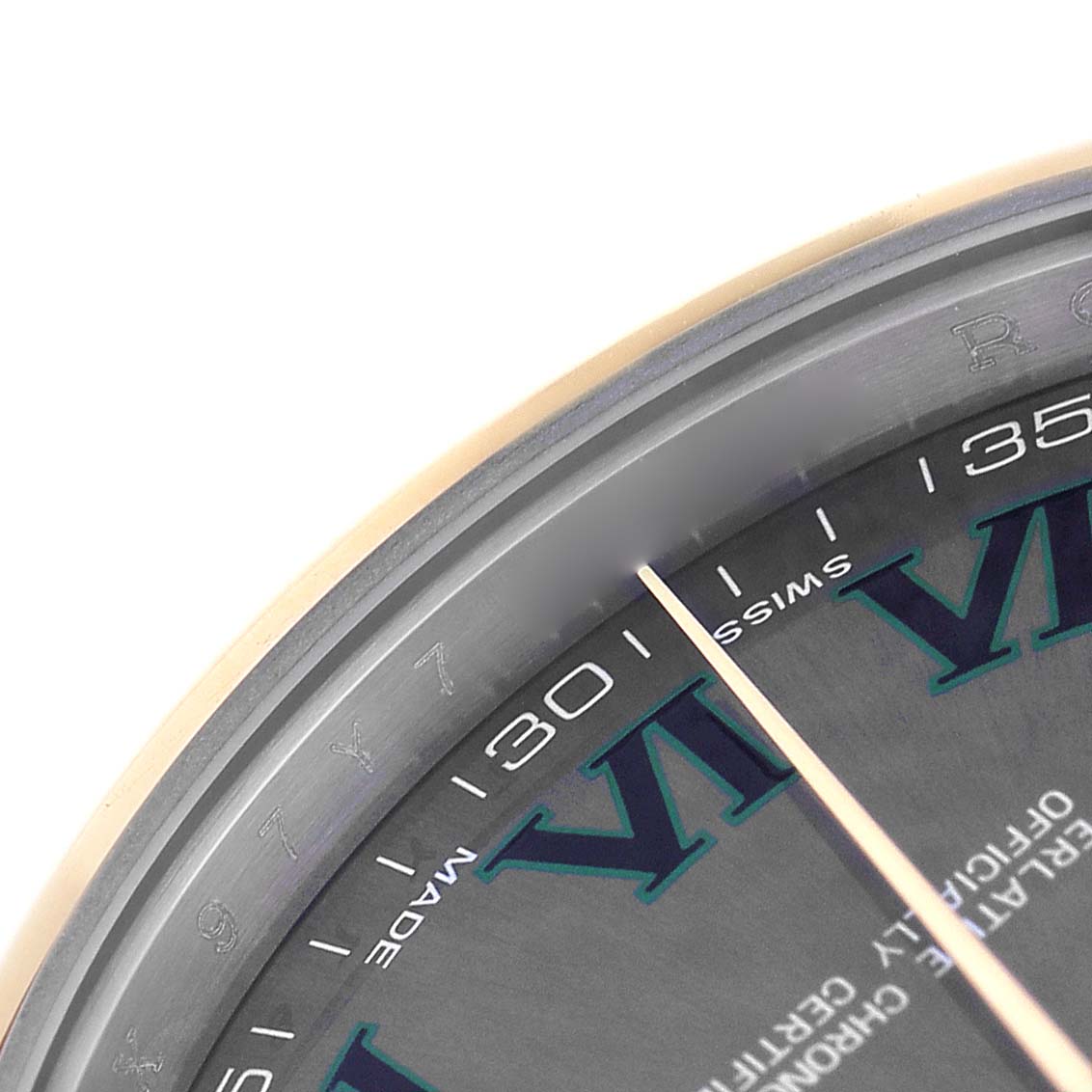 The image shows a close-up of the dial edge and Roman numerals on a Rolex Datejust 41 116333 Men's Steel and Gold (two tone) Grey Dial watch, highlighting the minute markers.