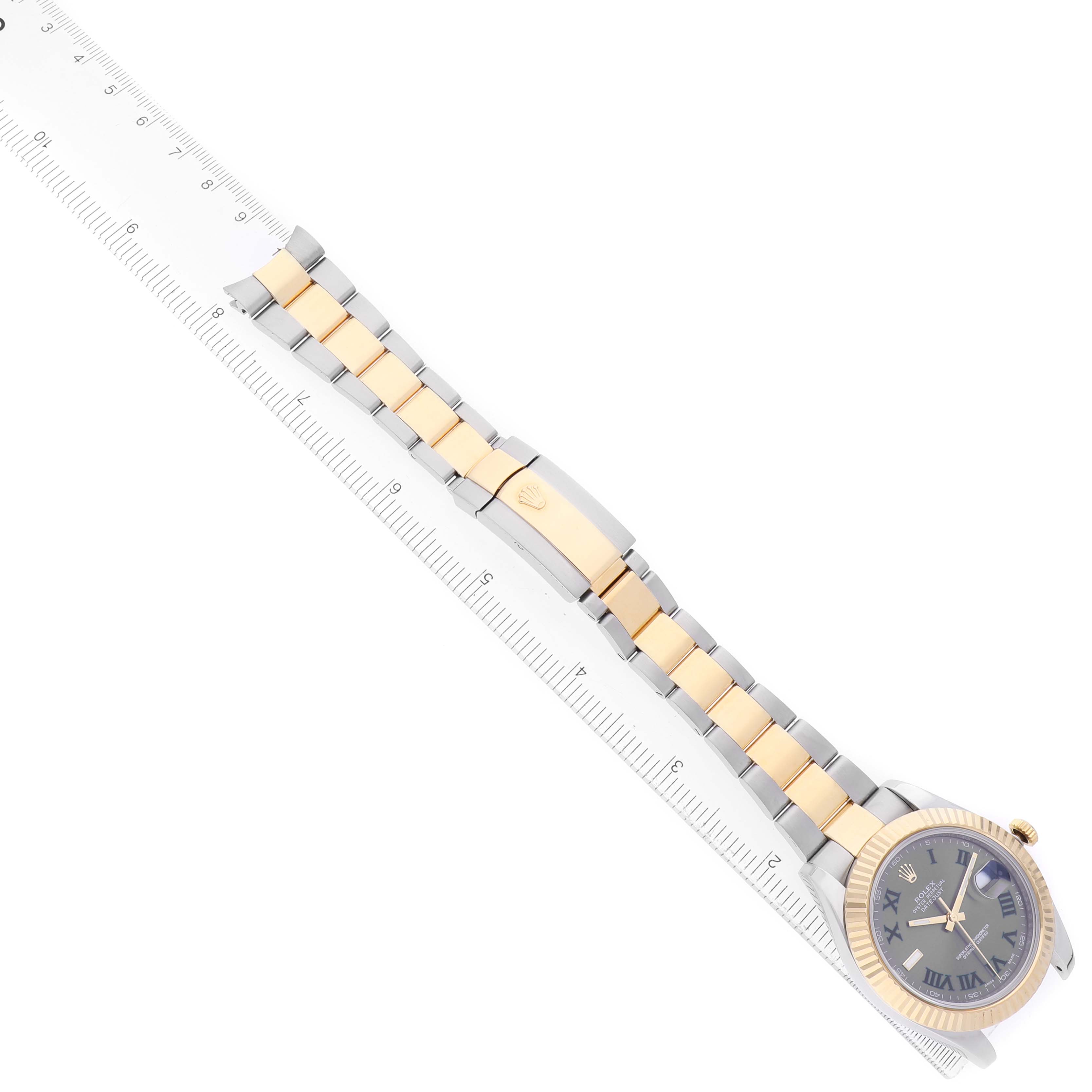 The Rolex Datejust 41 116333 Men's Steel and Gold (two tone) Grey Dial is shown from an angled top view, highlighting the dial, bezel, bracelet, and clasp.