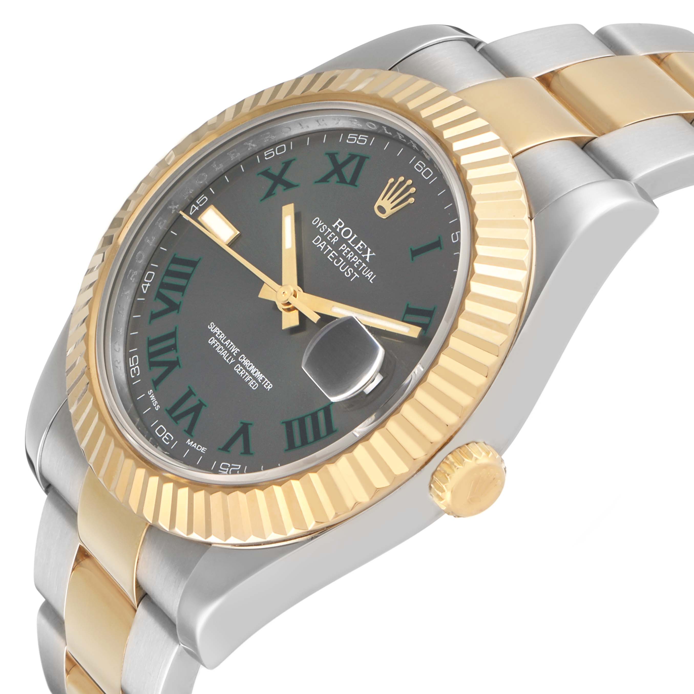 The image shows a Rolex Datejust 41 116333 Men's Steel and Gold (two tone) Grey Dial at an angled view highlighting the bezel, dial, crown, and bracelet.