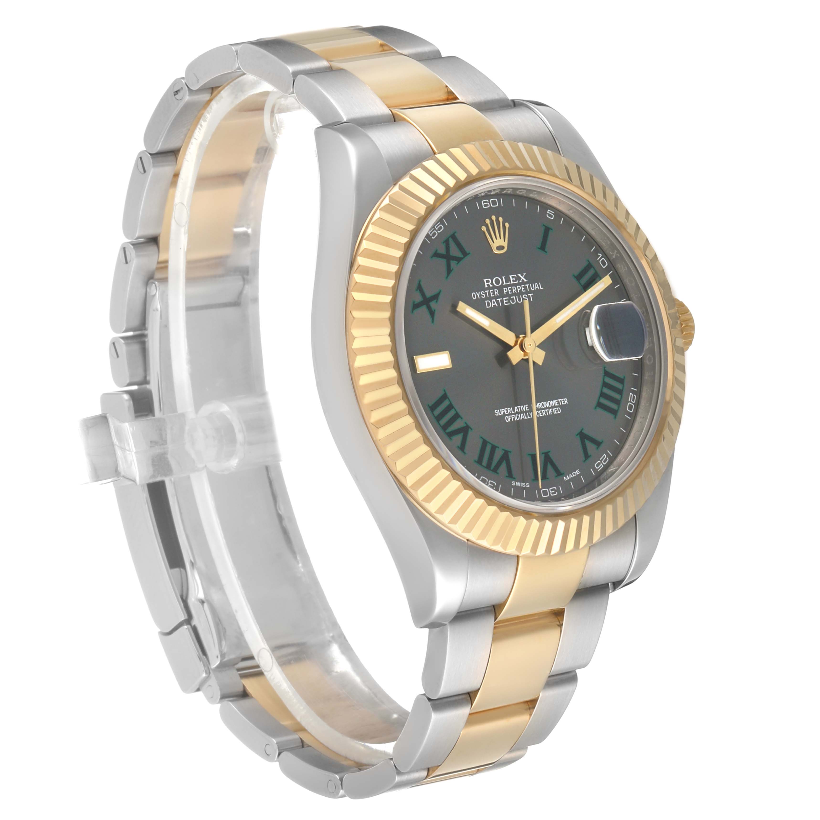 The Rolex Datejust 41 116333 Men's Steel and Gold (two tone) Grey Dial is shown at a three-quarter angle, highlighting the dial, bezel, and bracelet.