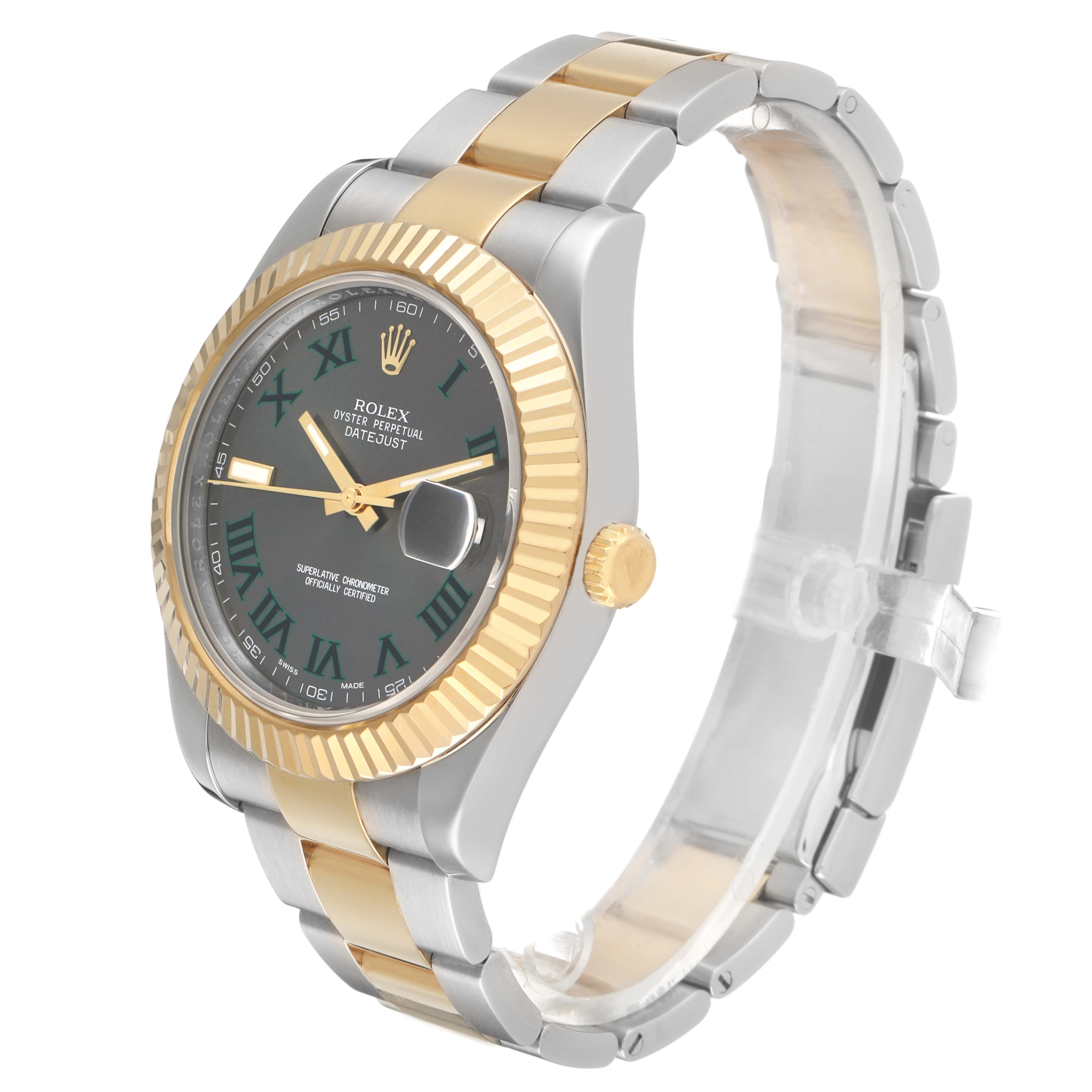 The Rolex Datejust 41 116333 Men's Steel and Gold (two tone) Grey Dial is shown at a three-quarter angle, highlighting its two-tone bracelet and fluted bezel.
