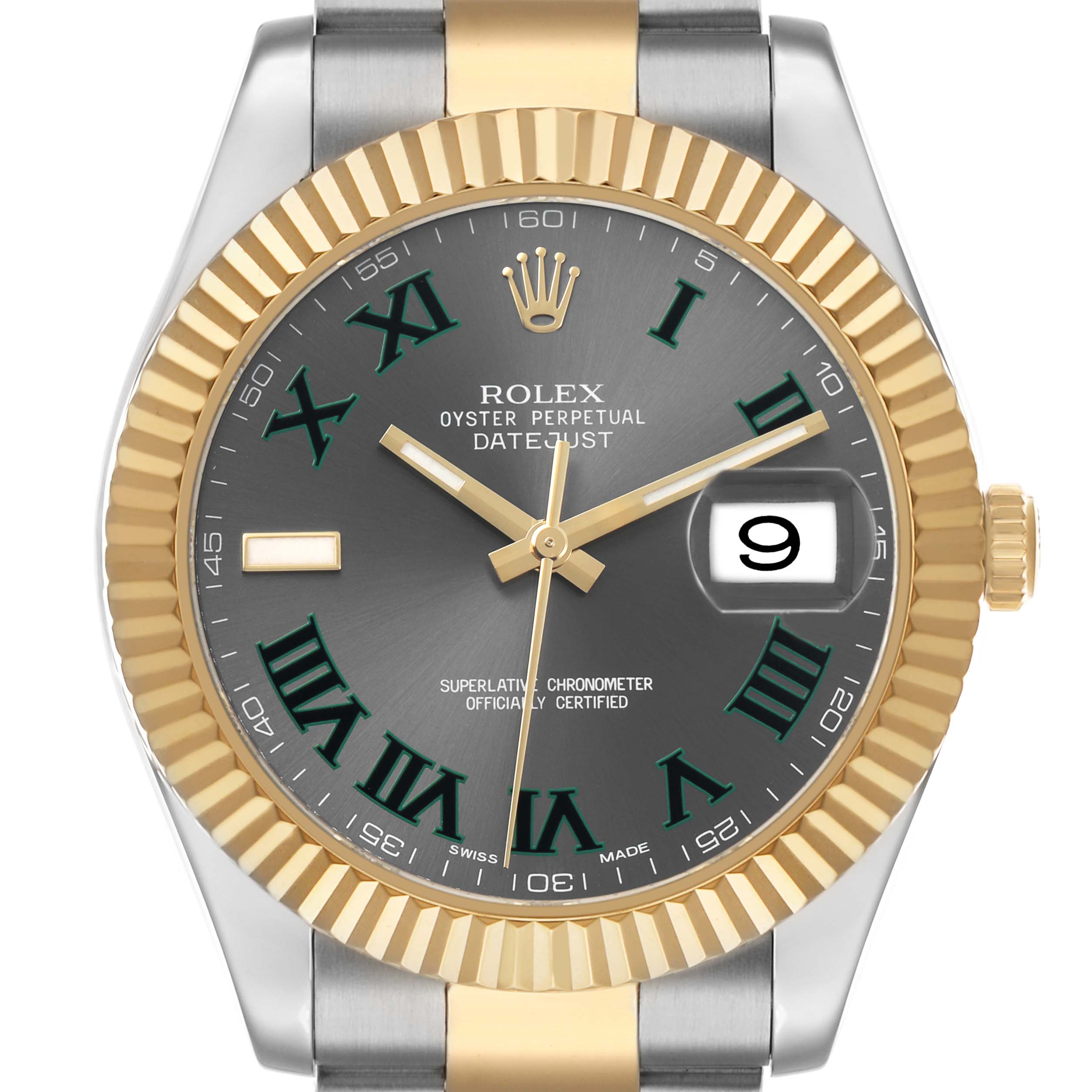 The image shows a front view of the Rolex Datejust 41 116333 Men's Steel and Gold (two tone) Grey Dial, featuring the dial, fluted bezel, markers, and date window.