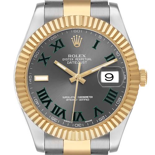 The Rolex Datejust 41 116333 Men's Steel and Gold (two tone) Grey Dial is shown from the front, highlighting its dial, bezel, and the crown.