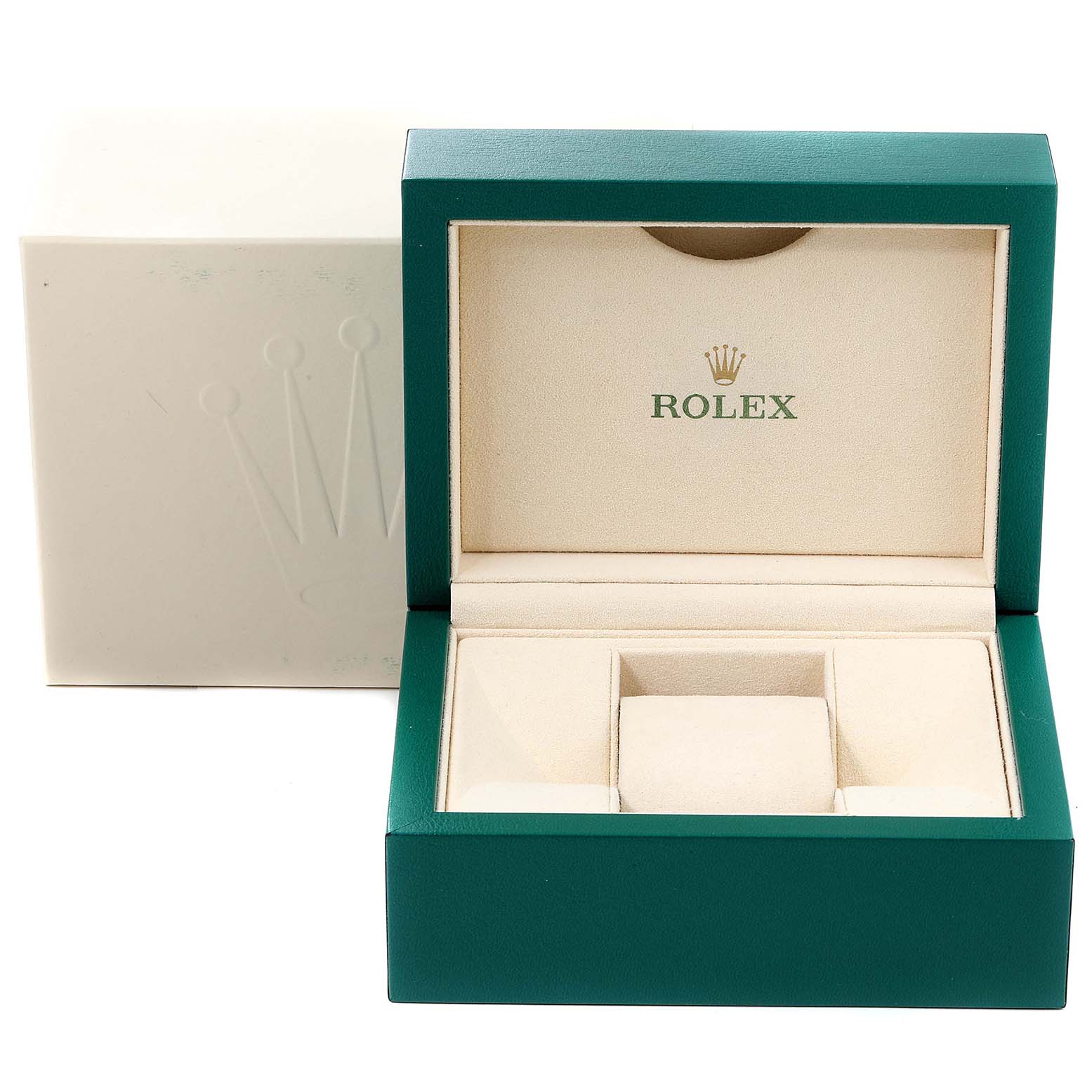 This image shows an opened Rolex Mid-Size 178384 Women
s Stainless Steel Pink Dial 178384 Women
s Stainless Steel Pink Dial watch box with a green exterior and beige interior, alongside its outer box.