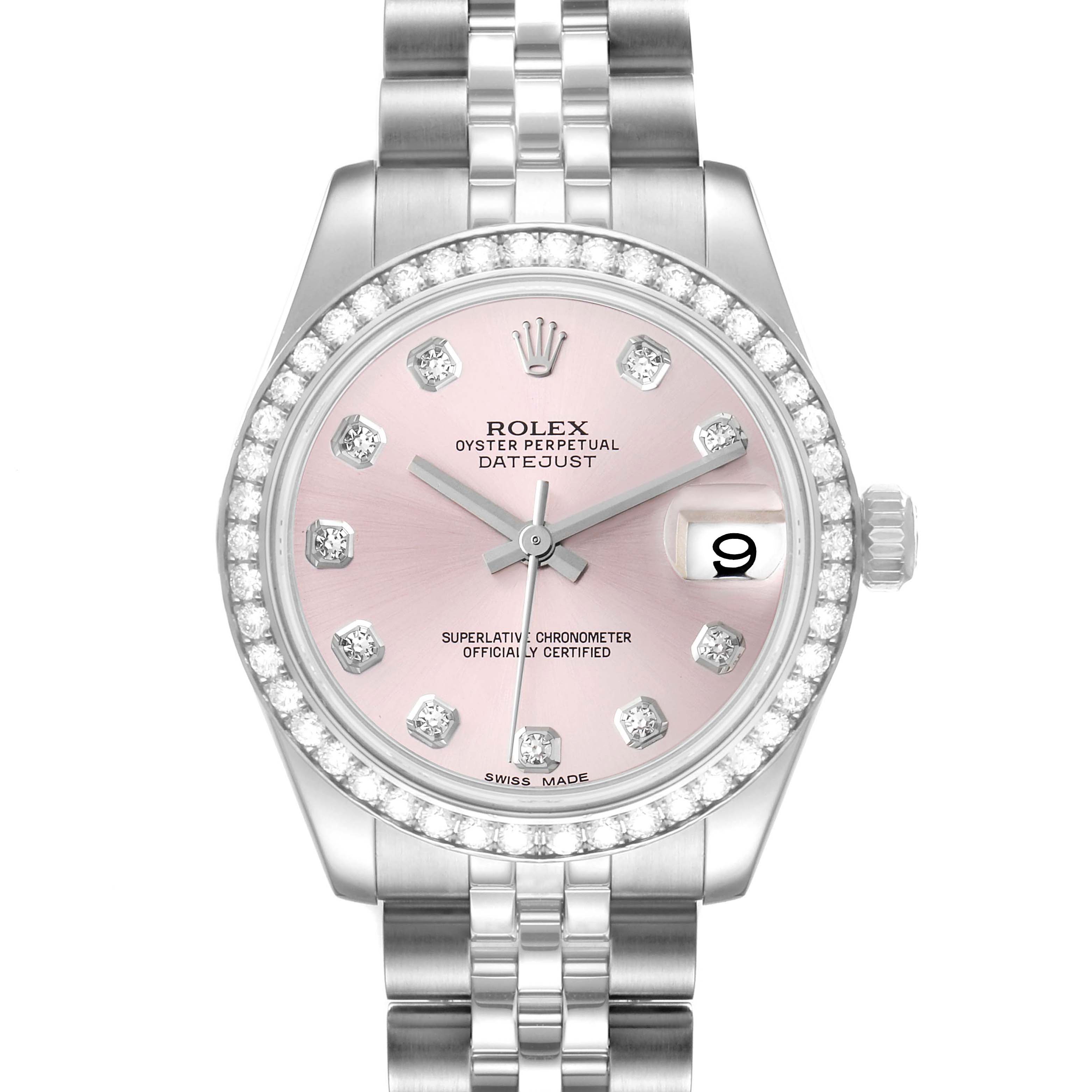 This image shows a front view of the Rolex Datejust Mid-Size watch, featuring a pink dial, diamond markers, and a jubilee bracelet.