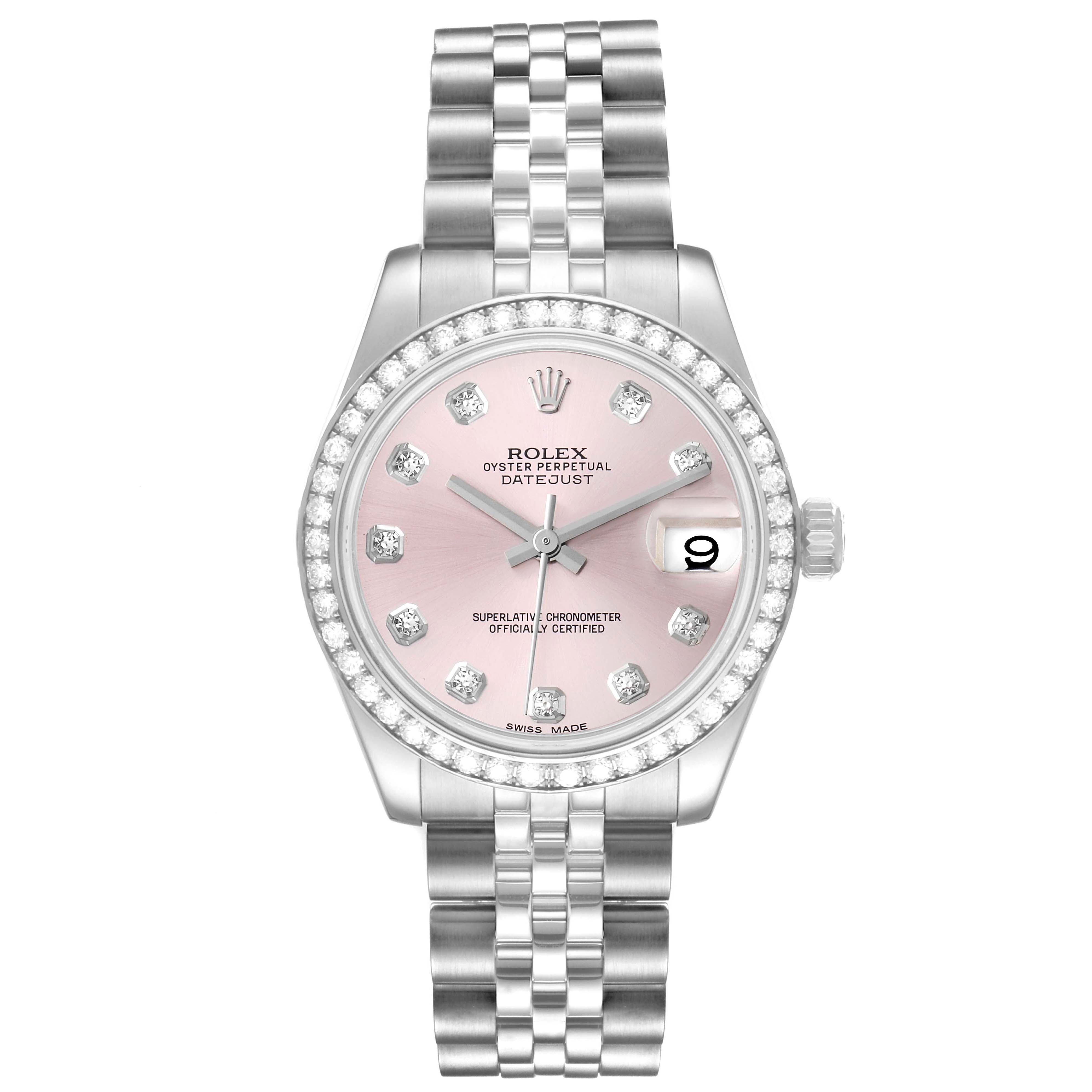 The image shows the face, bezel, and bracelet of a Rolex Mid-Size 178384 Women
s Stainless Steel Pink Dial 178384 Women
s Stainless Steel Pink Dial Oyster Perpetual Datejust watch from a top view.