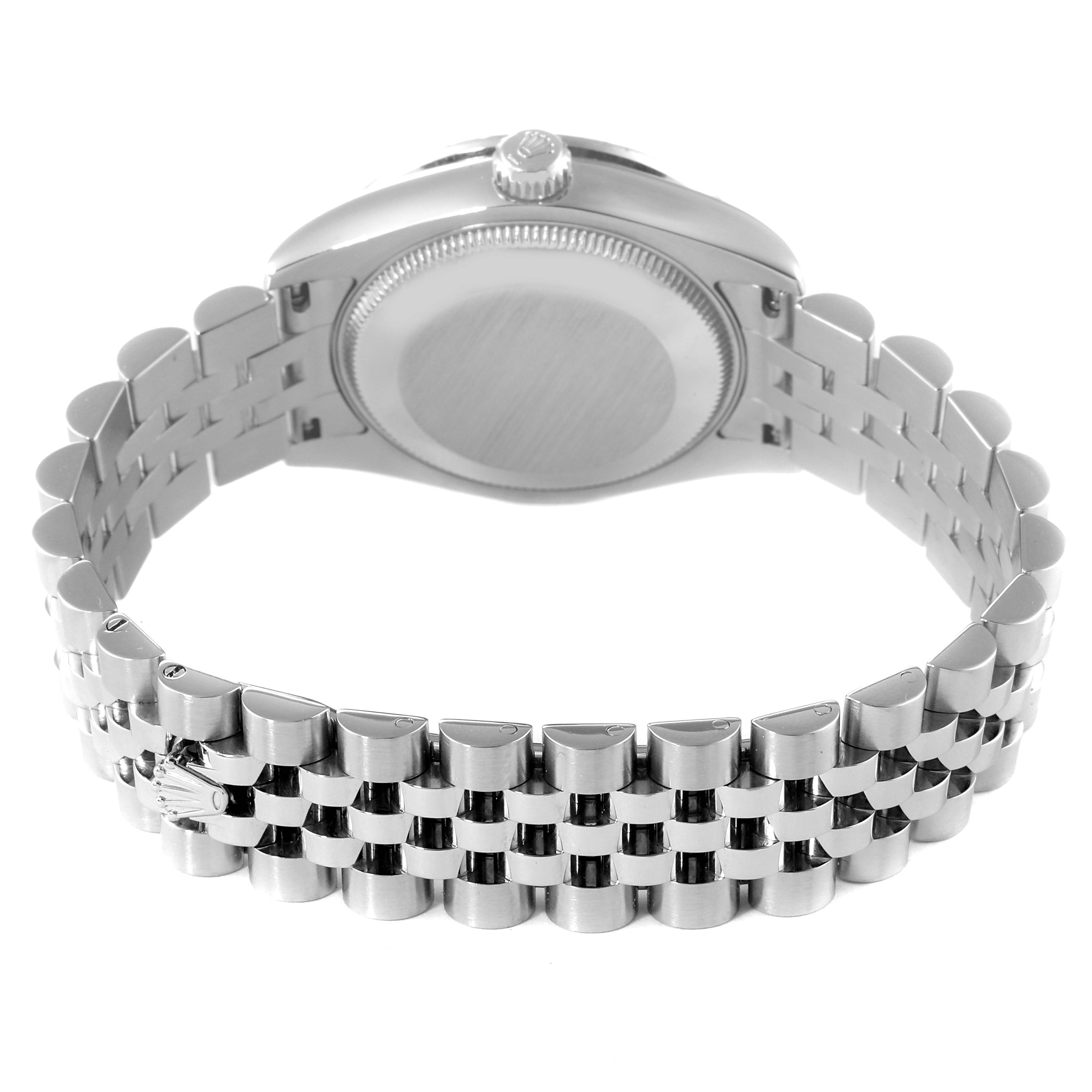 This image shows the back view of a Mid-Size Rolex watch, focusing on the case back and metal bracelet with the clasp visible.