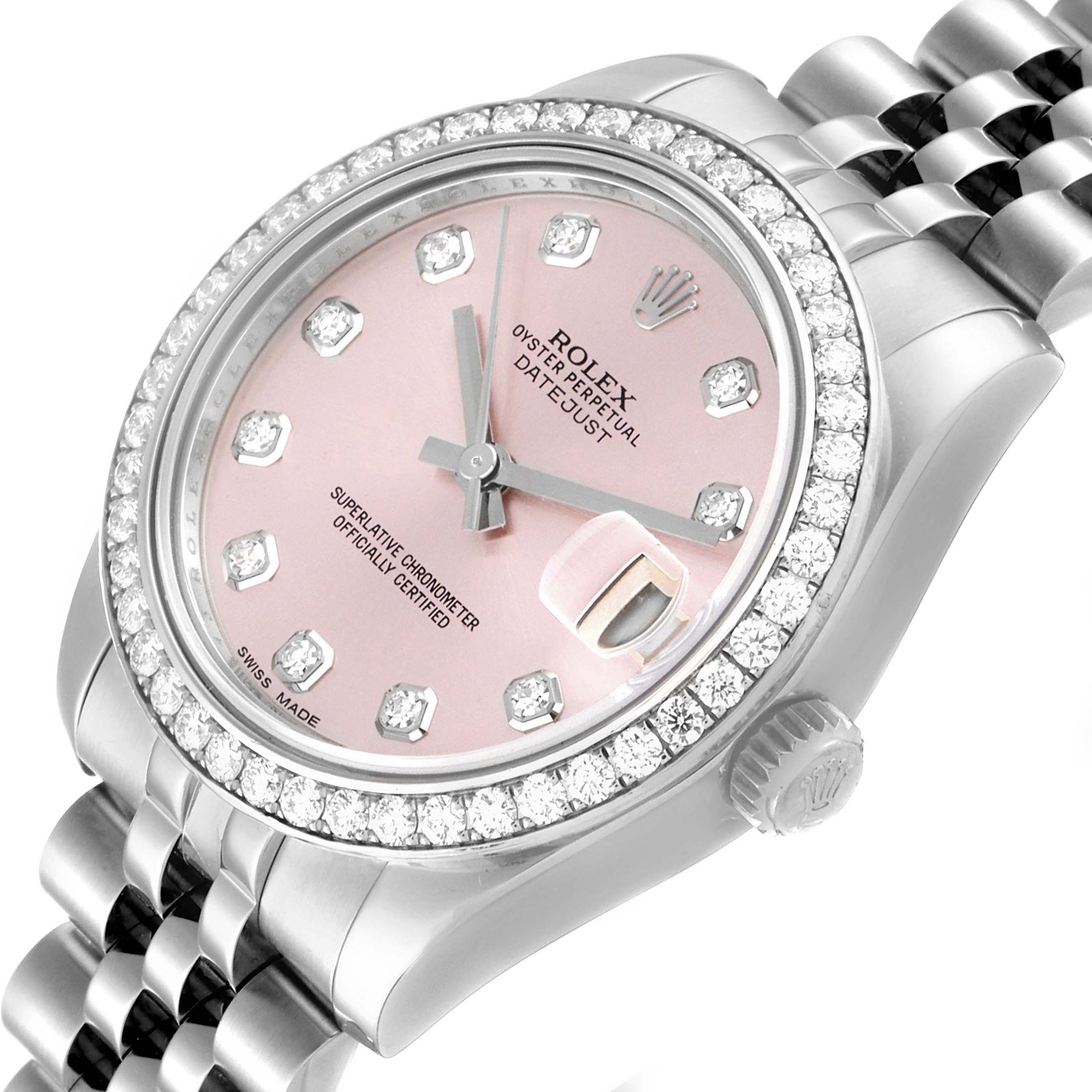 The Rolex Mid-Size 178384 Women
s Stainless Steel Pink Dial 178384 Women
s Stainless Steel Pink Dial model watch features a pink dial, diamond bezel, and Jubilee bracelet, shown from a slightly angled top view.