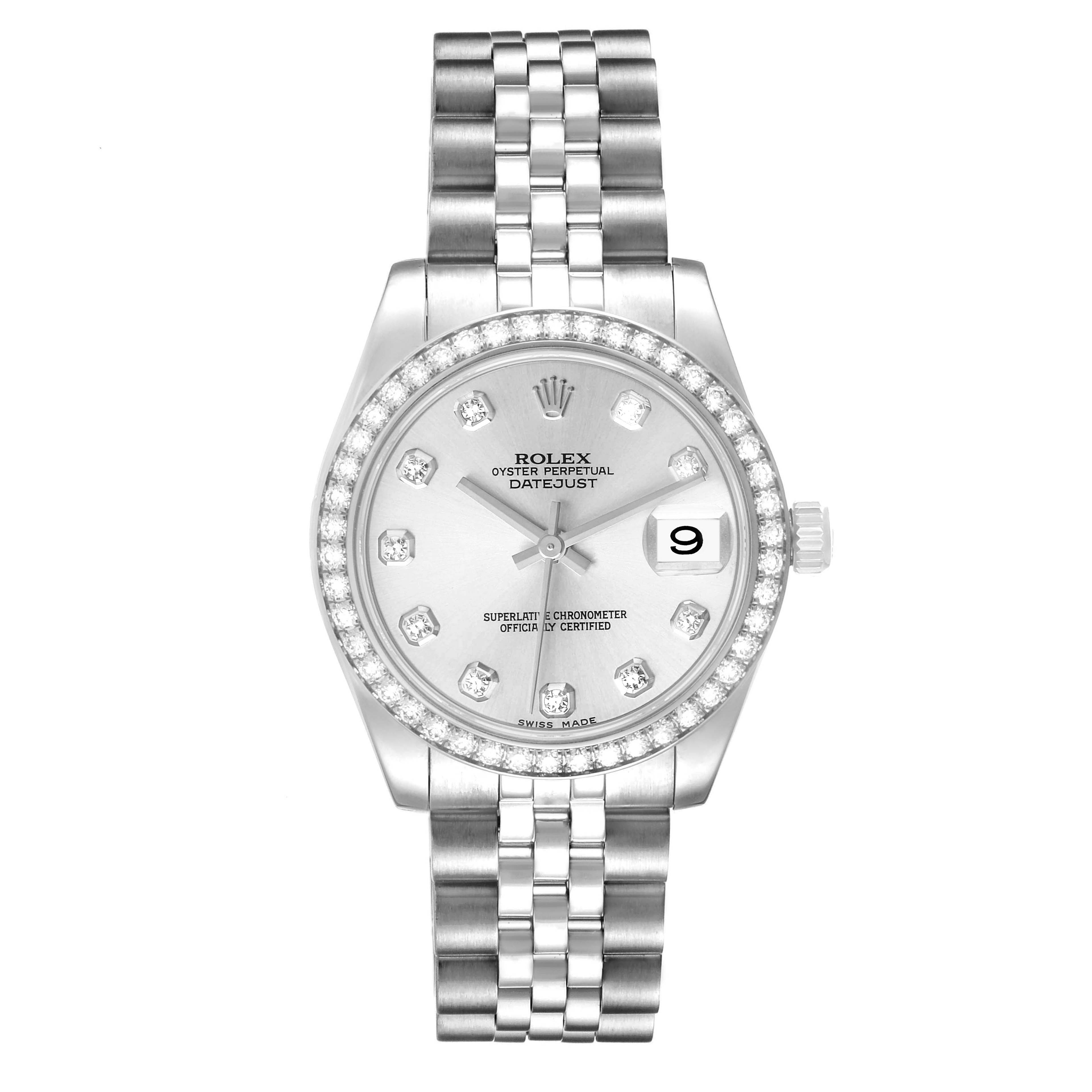 This image shows a front view of a Rolex Oyster Perpetual Datejust Mid-Size watch with a silver dial and diamond hour markers.
