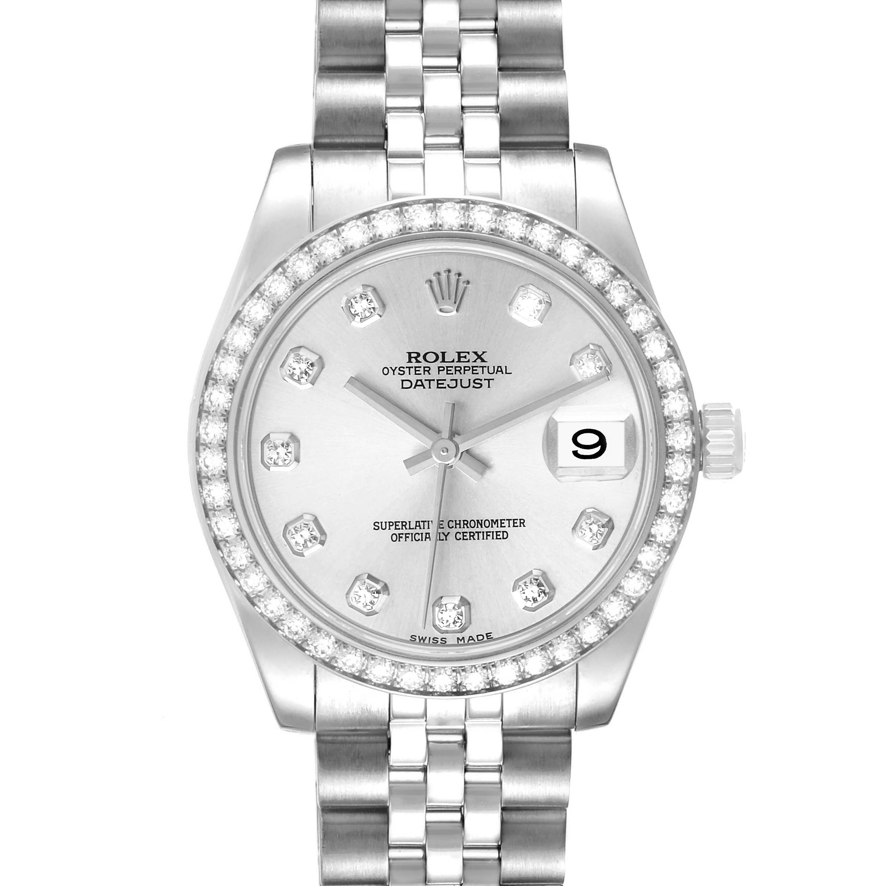 The image shows a front view of a Rolex Oyster Perpetual Datejust Mid-Size watch, displaying its dial, bezel, and bracelet.