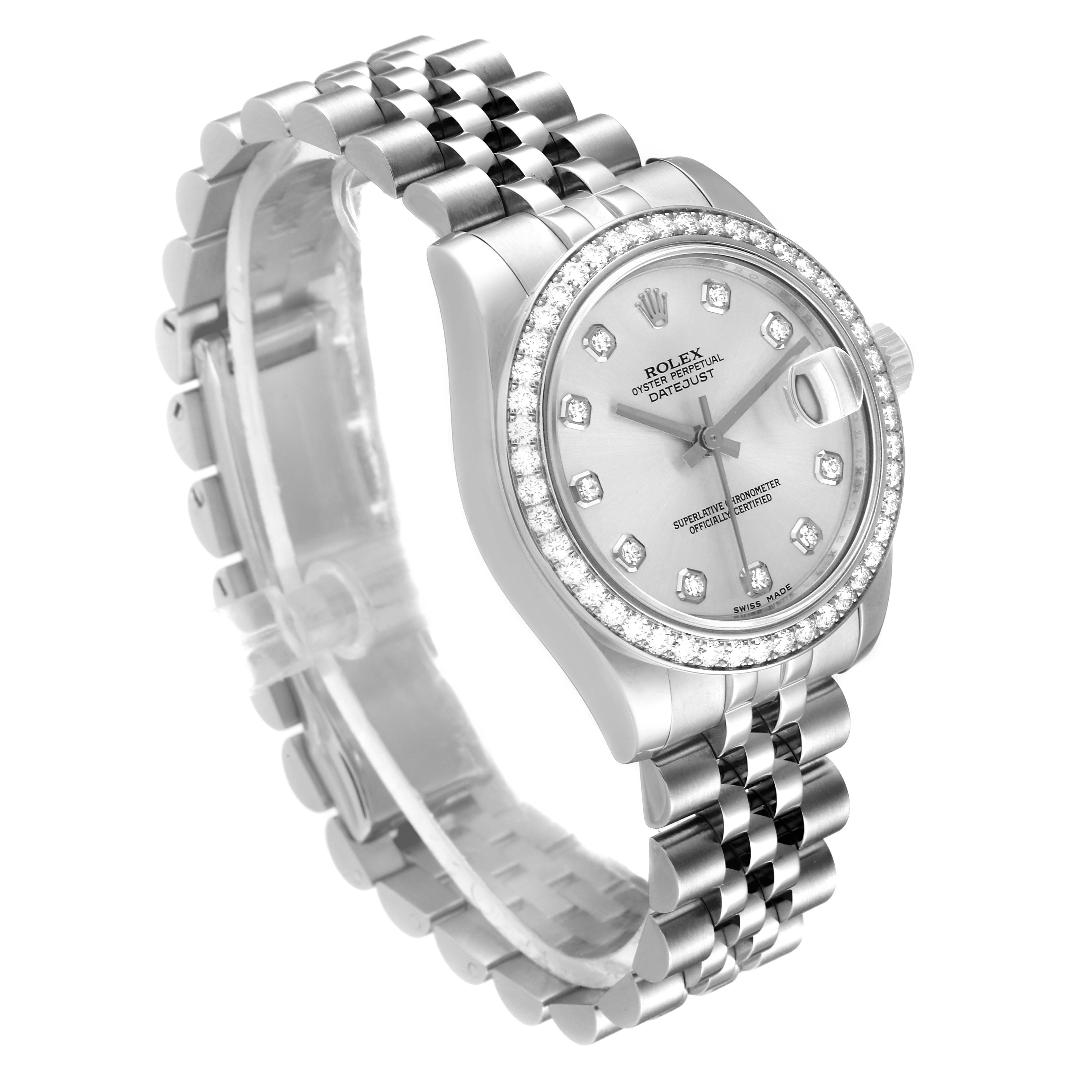 The image shows a Rolex Mid-Size 178384 Women
s Stainless Steel Silver Dial 178384 Women
s Stainless Steel Silver Dial Datejust watch from an angled front view, displaying the dial, bracelet, and bezel.