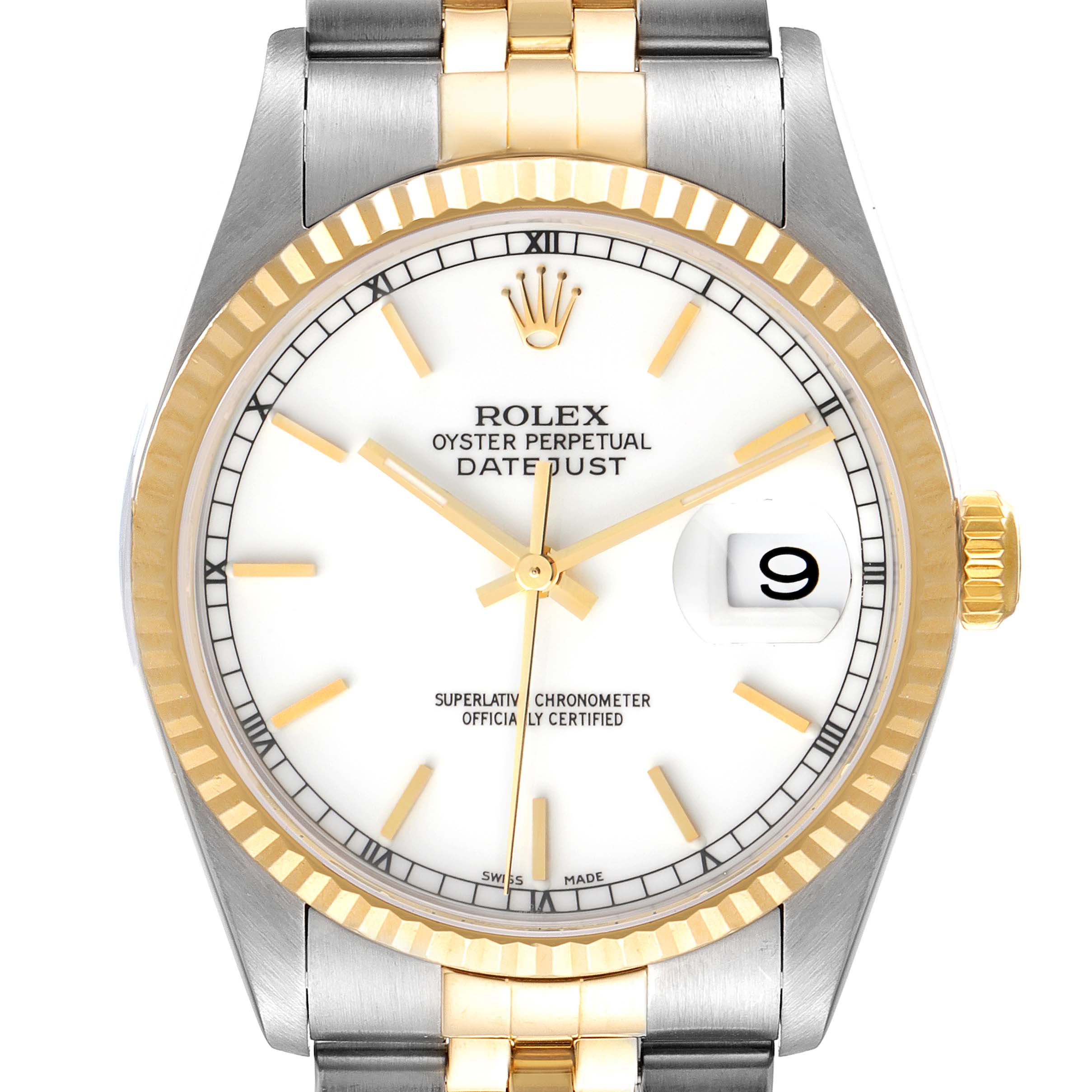 The image shows a front view of a Rolex Datejust 16233 Men's Steel and Gold (two tone) White Dial 16233 Men's Steel and Gold (two tone) White Dial watch, highlighting the dial, bezel, crown, and part of the bracelet.