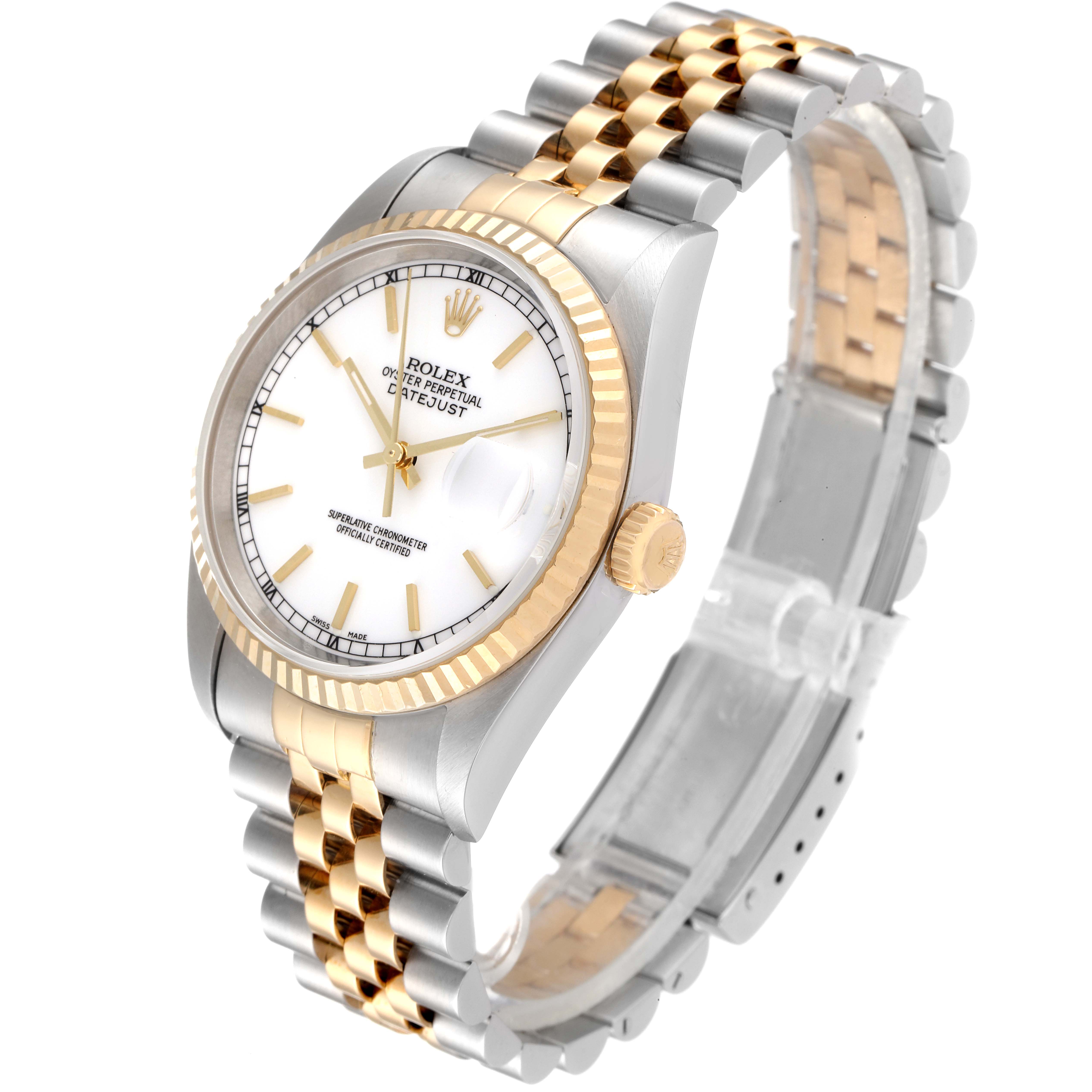 The image shows a side-angle view of a Rolex Datejust 16233 Men's Steel and Gold (two tone) White Dial 16233 Men's Steel and Gold (two tone) White Dial watch, highlighting its two-tone jubilee bracelet, white dial, and fluted bezel.