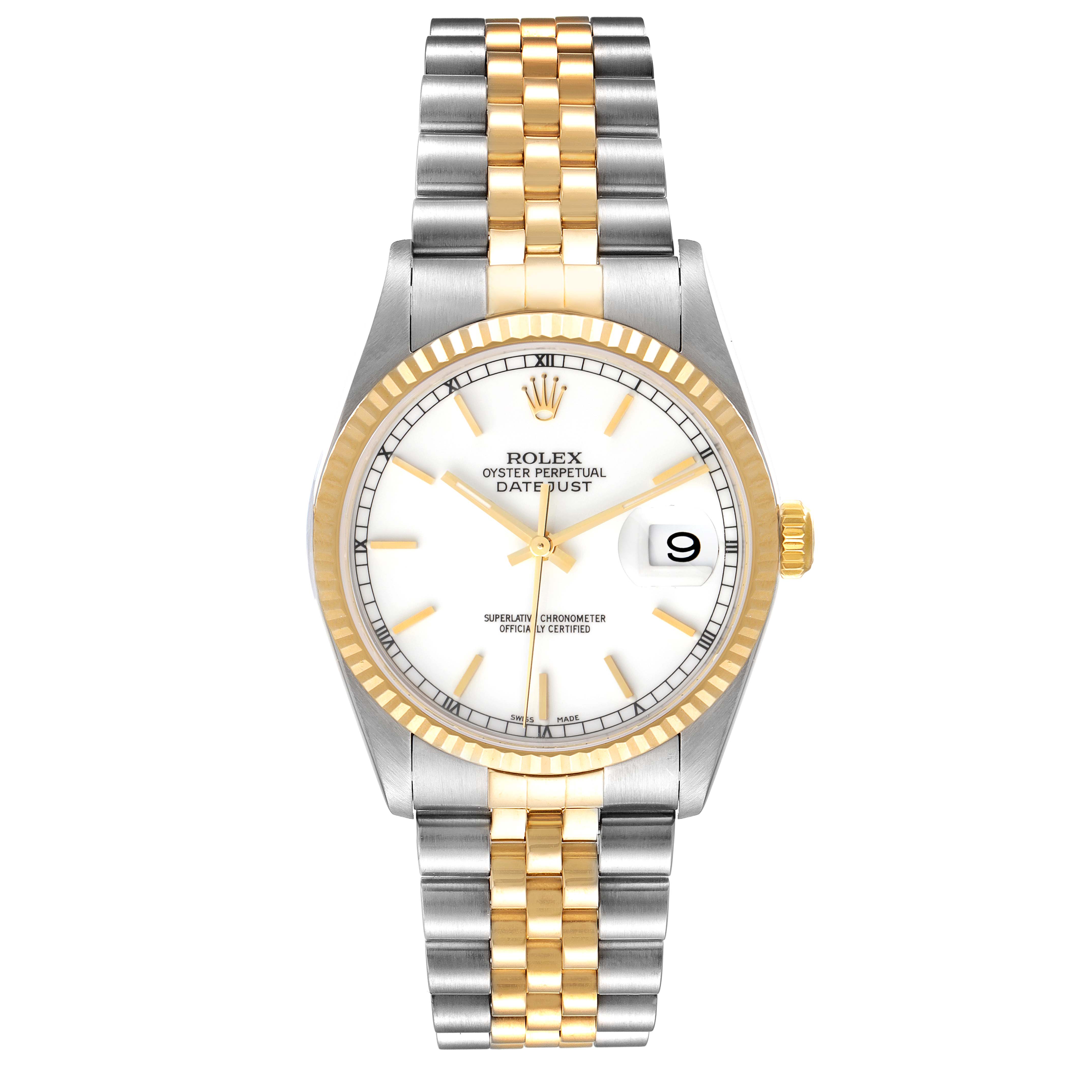 This image shows a front view of a Rolex Datejust 16233 Men's Steel and Gold (two tone) White Dial 16233 Men's Steel and Gold (two tone) White Dial watch featuring a two-tone band, white dial, and gold fluted bezel.