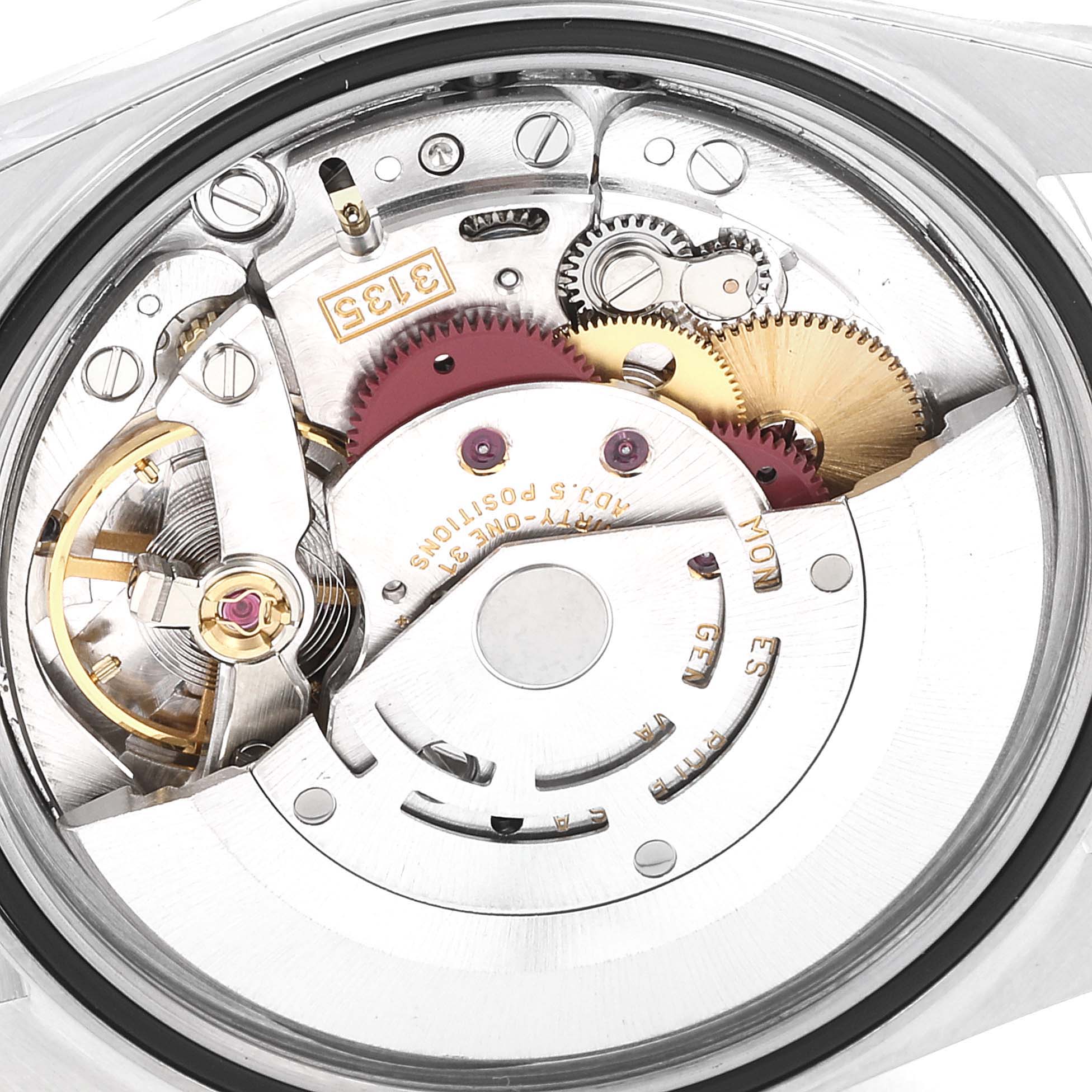 This image shows the internal mechanical movement of a Rolex Datejust 16233 Men's Steel and Gold (two tone) White Dial 16233 Men's Steel and Gold (two tone) White Dial watch from a top-down angle.