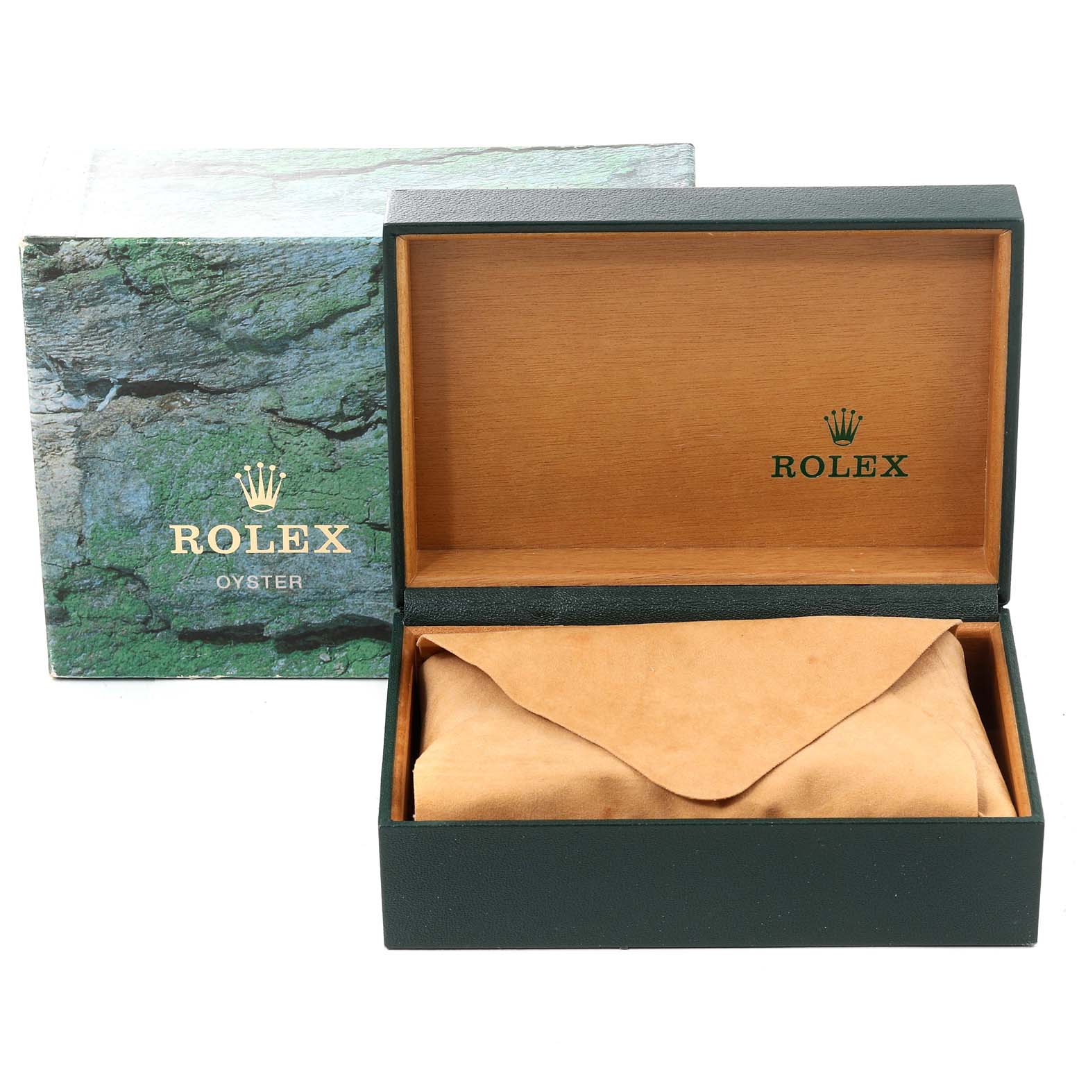 The image shows the open box and packaging for a Rolex Datejust 16233 Men's Steel and Gold (two tone) White Dial 16233 Men's Steel and Gold (two tone) White Dial watch, revealing the inner cushion and surrounding case.