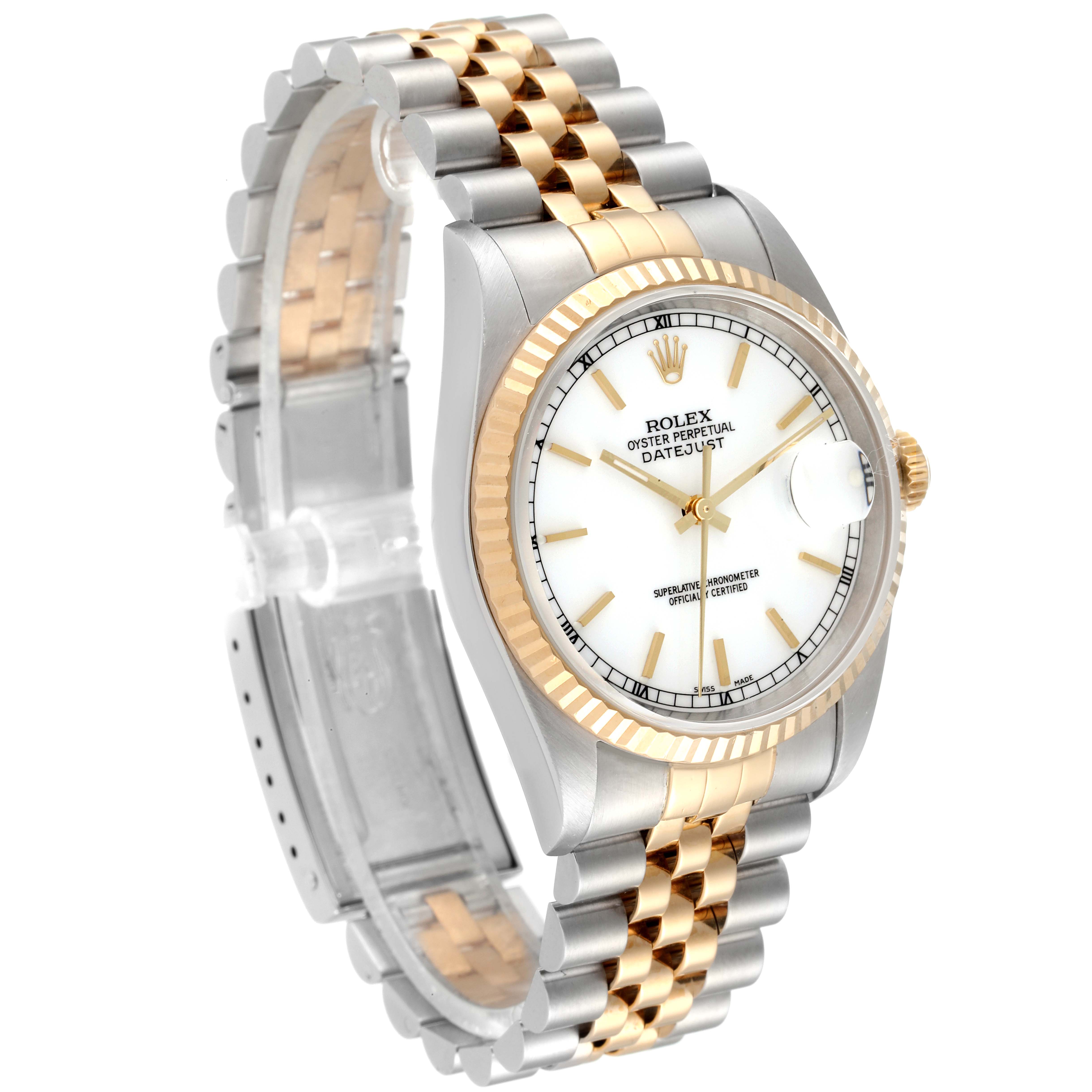 The Rolex Datejust 16233 Men's Steel and Gold (two tone) White Dial 16233 Men's Steel and Gold (two tone) White Dial watch is shown at a three-quarter angle, highlighting the dial, bezel, and two-tone bracelet.