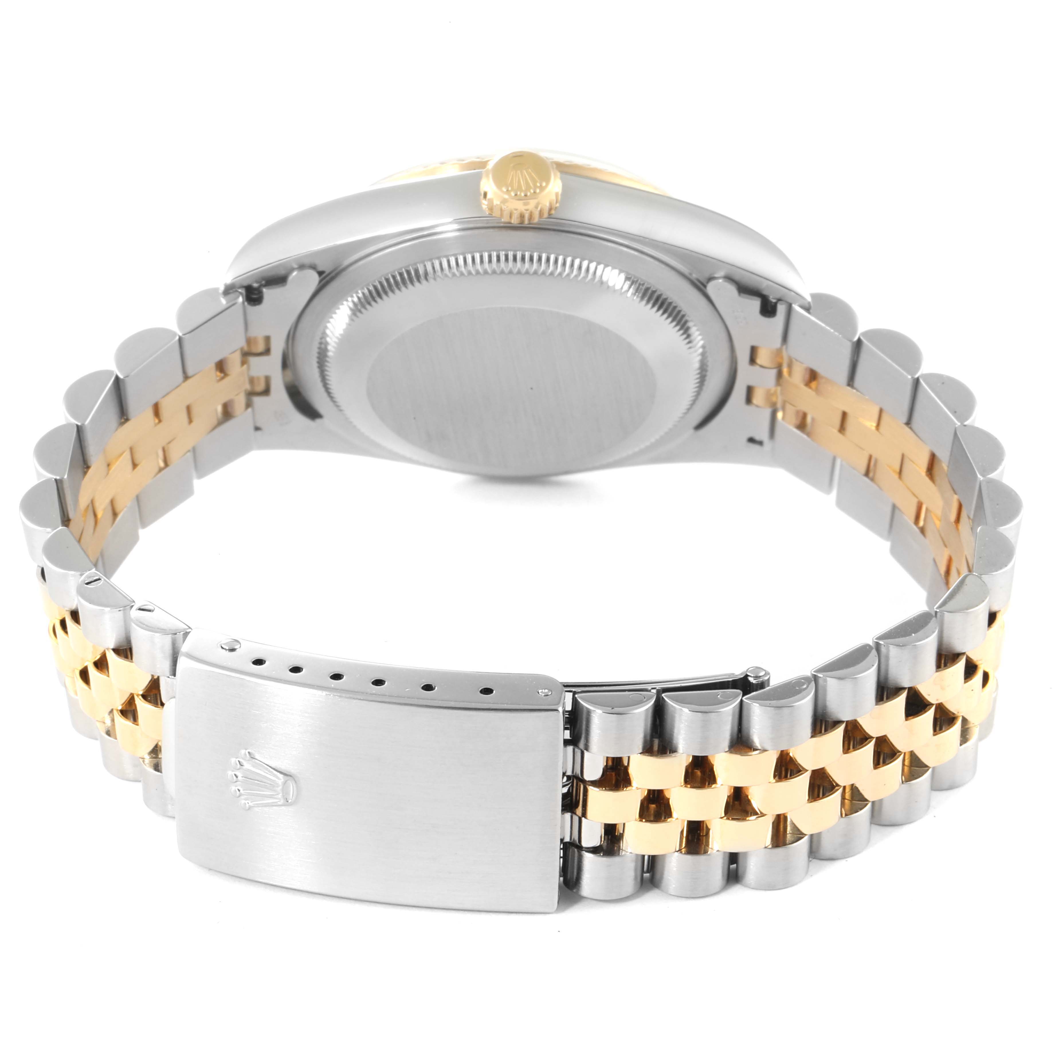 The image shows the rear view of a Rolex Datejust 16233 Men's Steel and Gold (two tone) White Dial 16233 Men's Steel and Gold (two tone) White Dial watch, highlighting the case back, crown, and two-tone Jubilee bracelet with clasp.