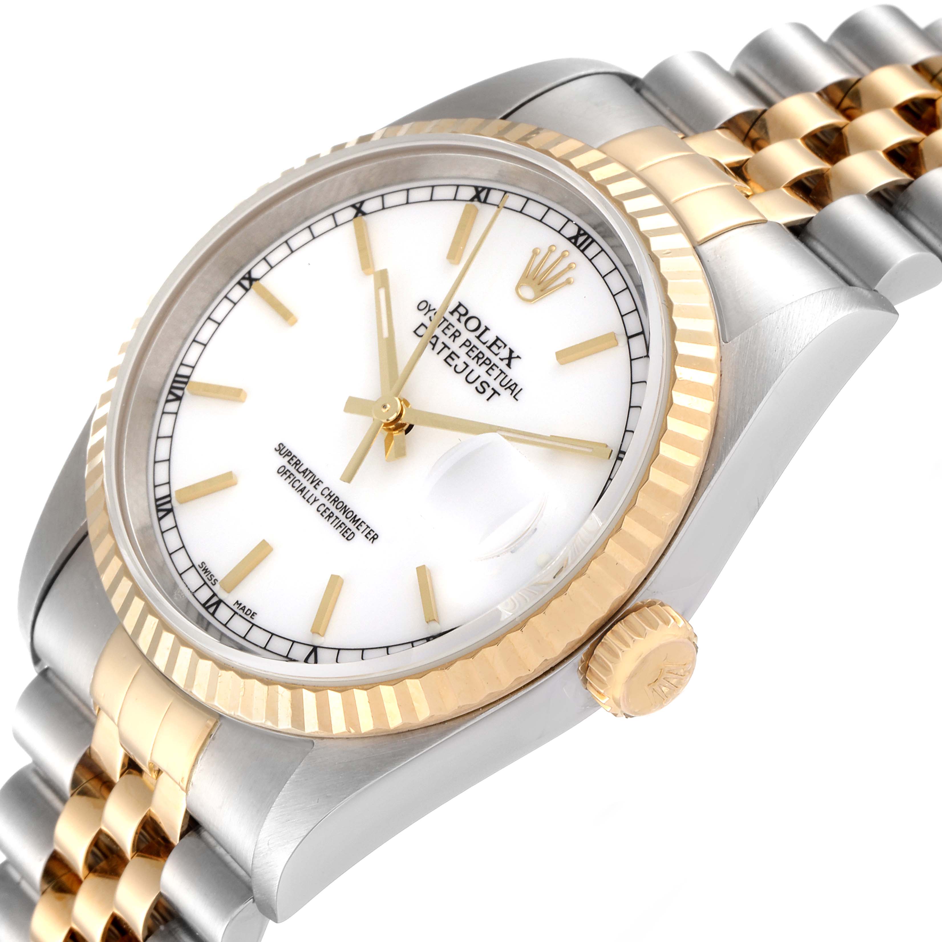 The Rolex Datejust 16233 Men's Steel and Gold (two tone) White Dial 16233 Men's Steel and Gold (two tone) White Dial watch is shown at an oblique angle, highlighting the face, fluted bezel, and two-tone bracelet.