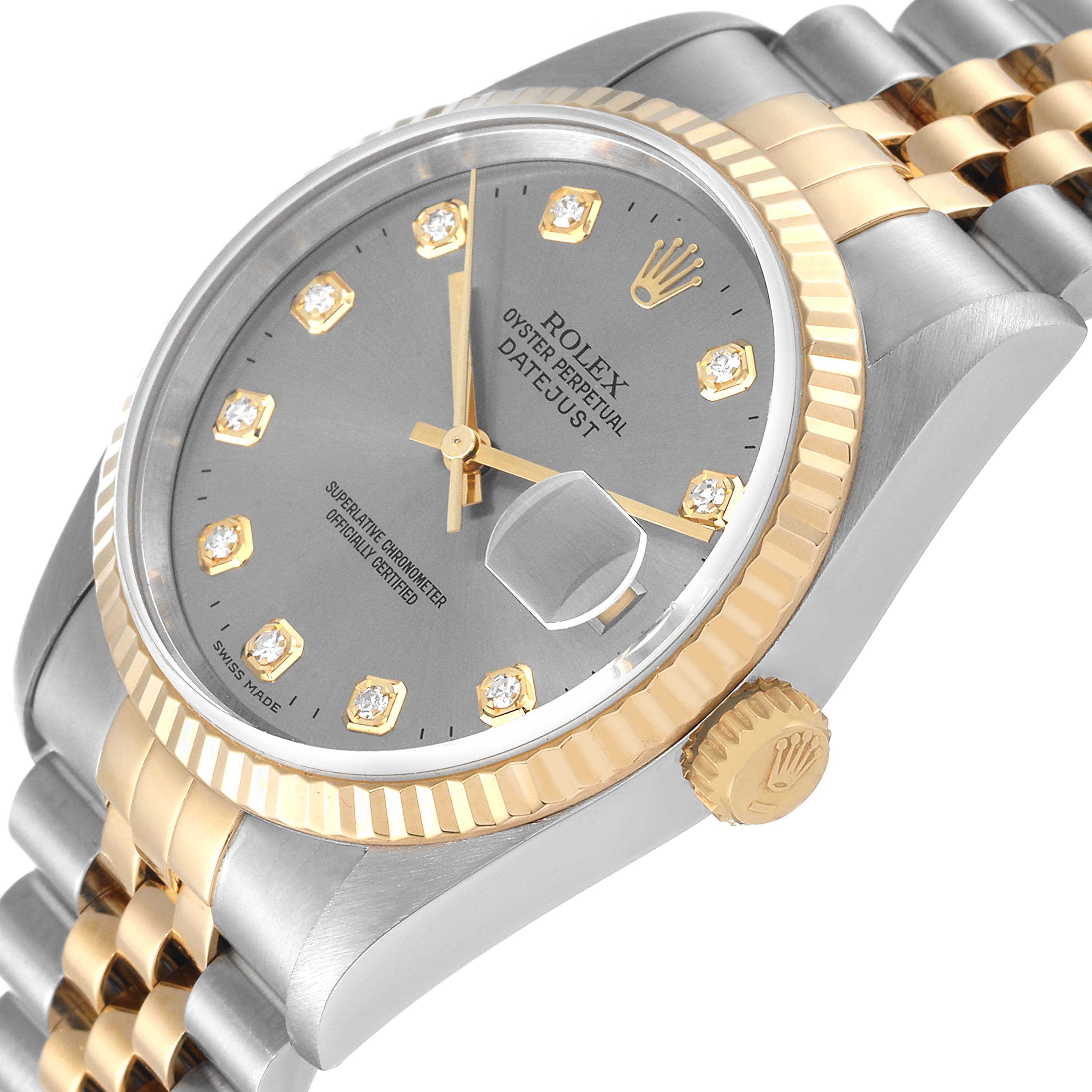 This image shows a Rolex Datejust 16233 Men's Steel and Gold (two tone) Grey Dial 16233 Men's Steel and Gold (two tone) Grey Dial watch at a tilted angle, highlighting the face, bezel, crown, and part of the bracelet.