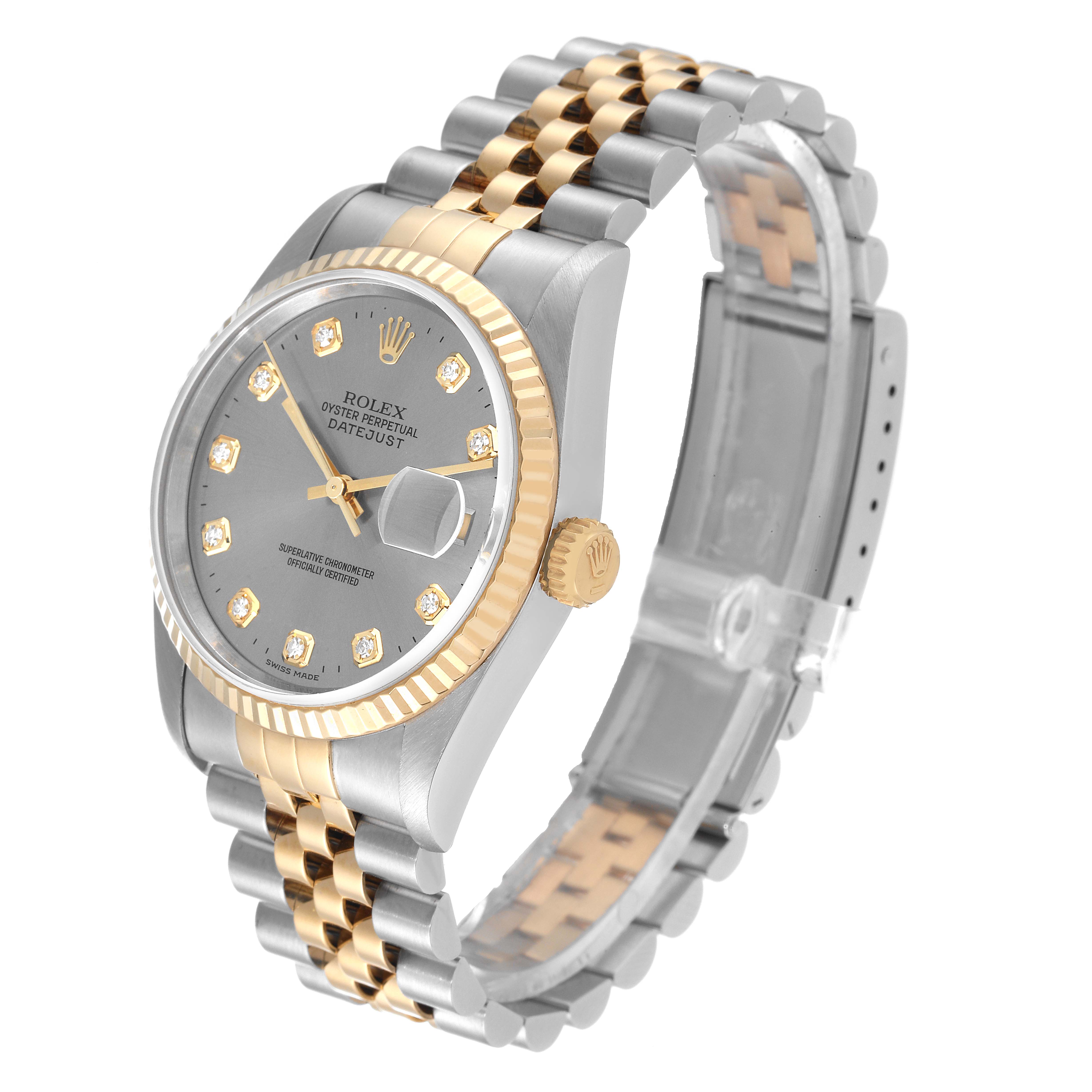 This image shows a Rolex Datejust 16233 Men's Steel and Gold (two tone) Grey Dial 16233 Men's Steel and Gold (two tone) Grey Dial watch angled slightly from the bottom right, highlighting the face, bezel, and bracelet.