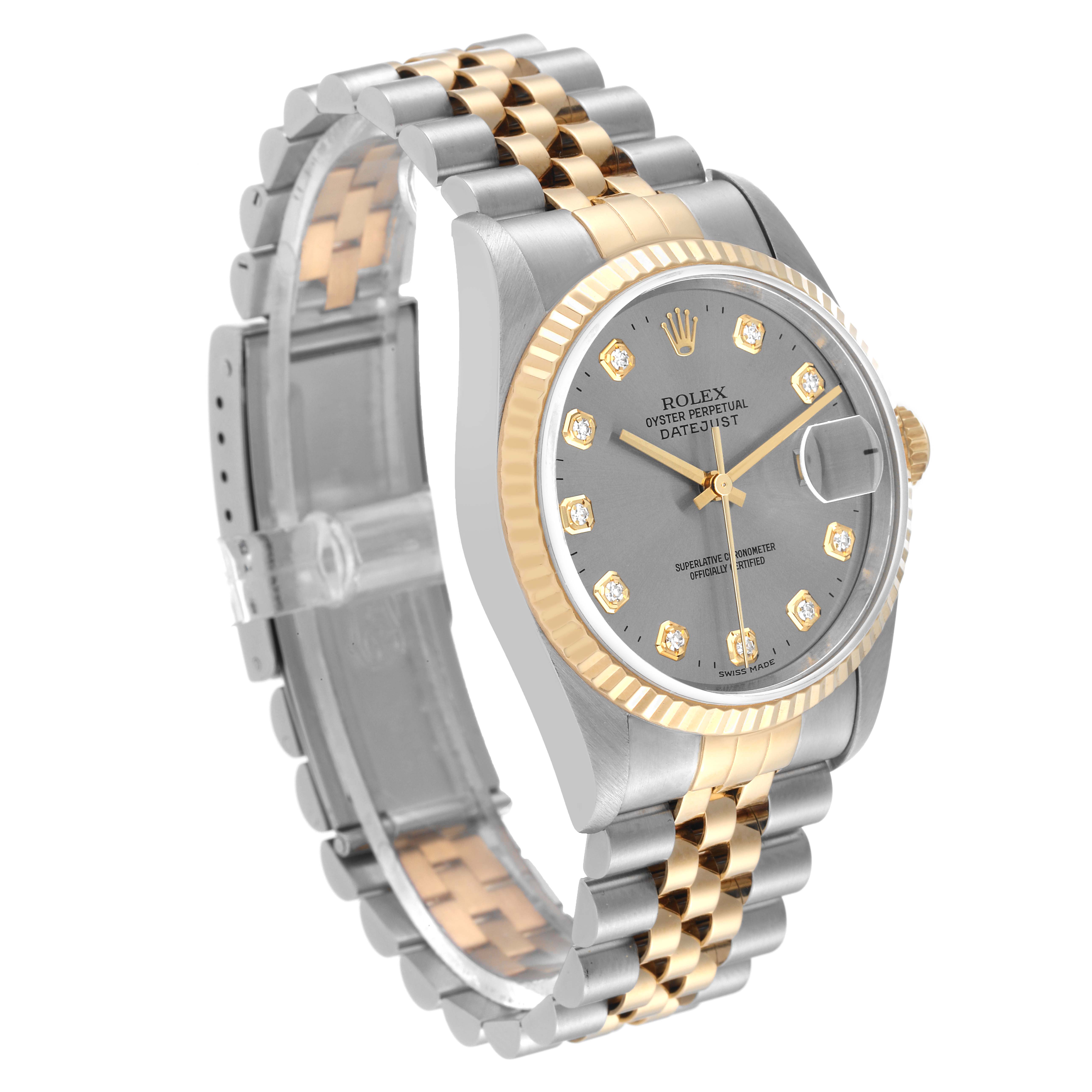 The Rolex Datejust 16233 Men's Steel and Gold (two tone) Grey Dial 16233 Men's Steel and Gold (two tone) Grey Dial watch is shown at an angled front view, displaying the face, bezel, and two-tone bracelet.