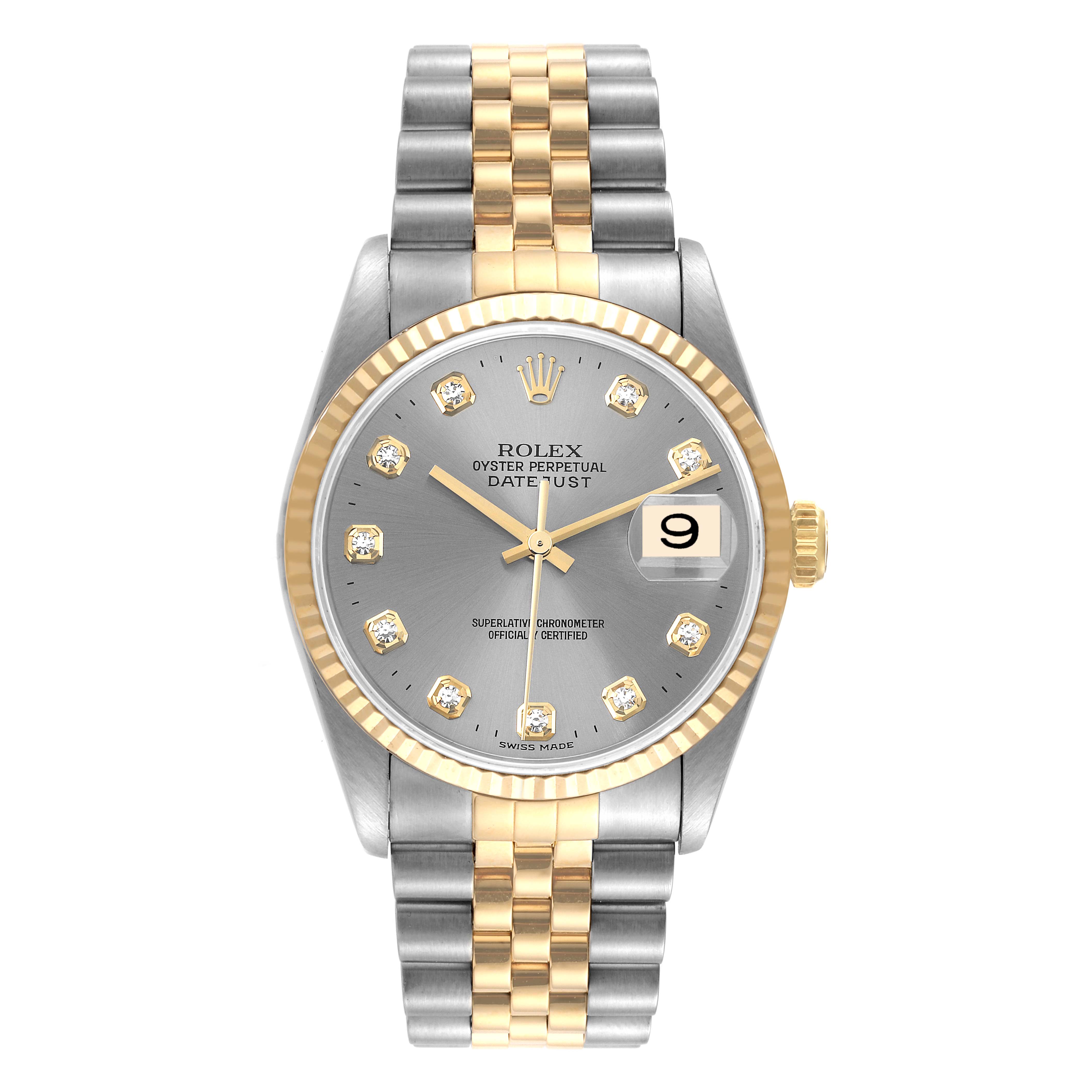 This image shows a frontal view of a Rolex Datejust 16233 Men's Steel and Gold (two tone) Grey Dial 16233 Men's Steel and Gold (two tone) Grey Dial watch, highlighting its dial, bezel, and Jubilee bracelet.