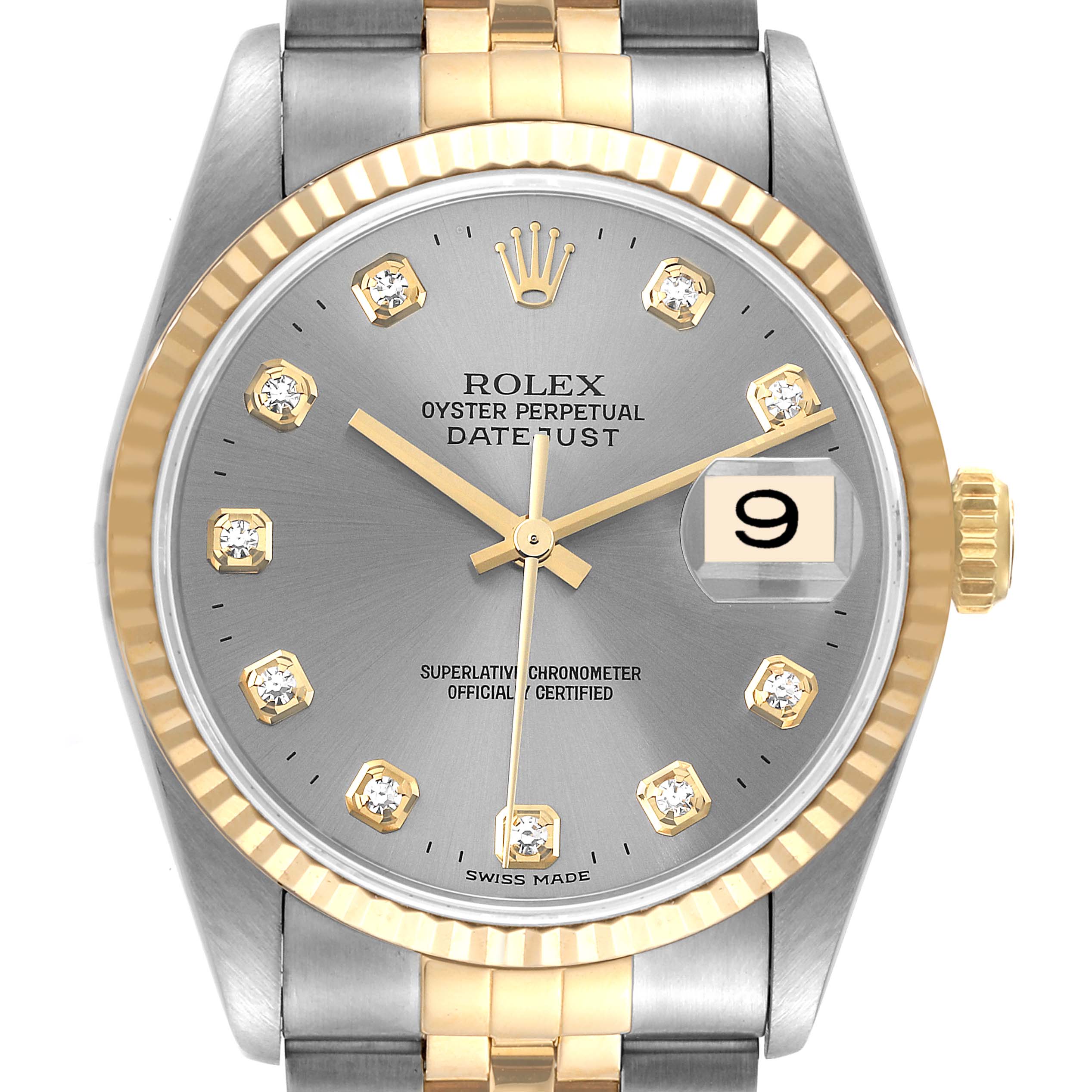 The image shows a front view of a Rolex Datejust 16233 Men's Steel and Gold (two tone) Grey Dial 16233 Men's Steel and Gold (two tone) Grey Dial watch, highlighting its dial, hands, bezel, and part of the bracelet.