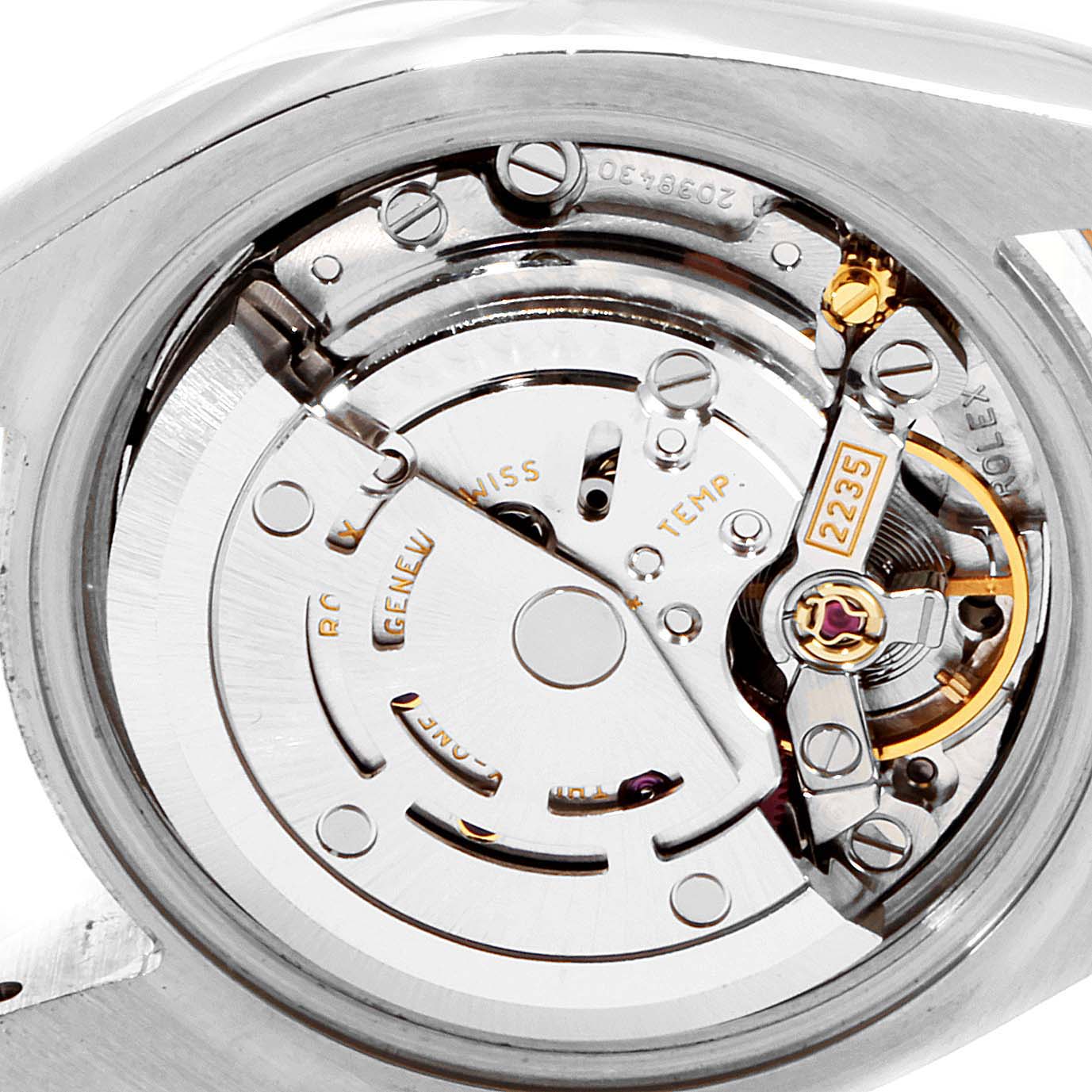 This image shows the internal movement and components of a Rolex Datejust 179161 Women's Steel and Gold (two tone) White Dial 179161 Women's Steel and Gold (two tone) White Dial watch from a close-up angle.