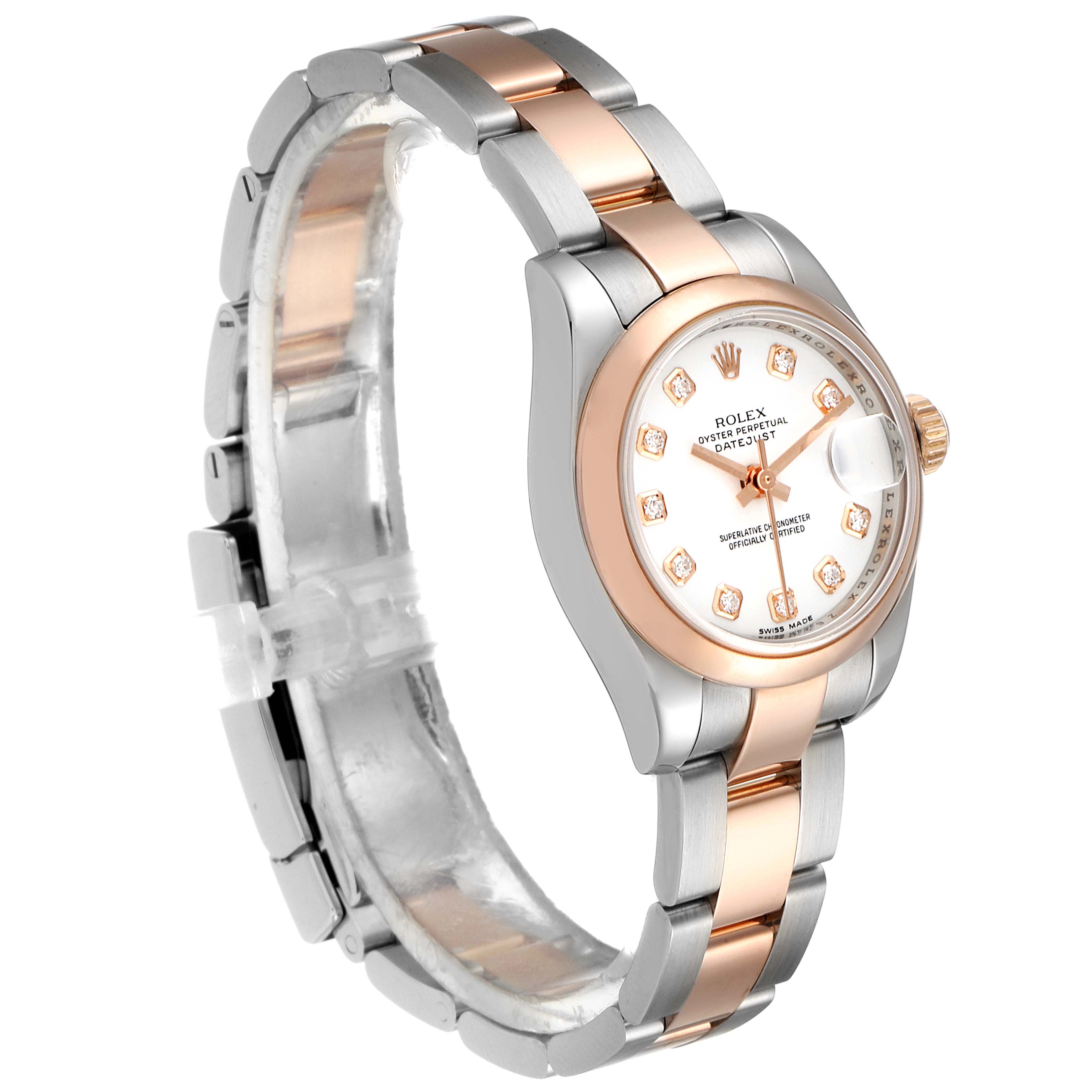 The image shows a side and front angle of a Rolex Datejust 179161 Women's Steel and Gold (two tone) White Dial 179161 Women's Steel and Gold (two tone) White Dial watch, highlighting its two-tone bracelet and face.