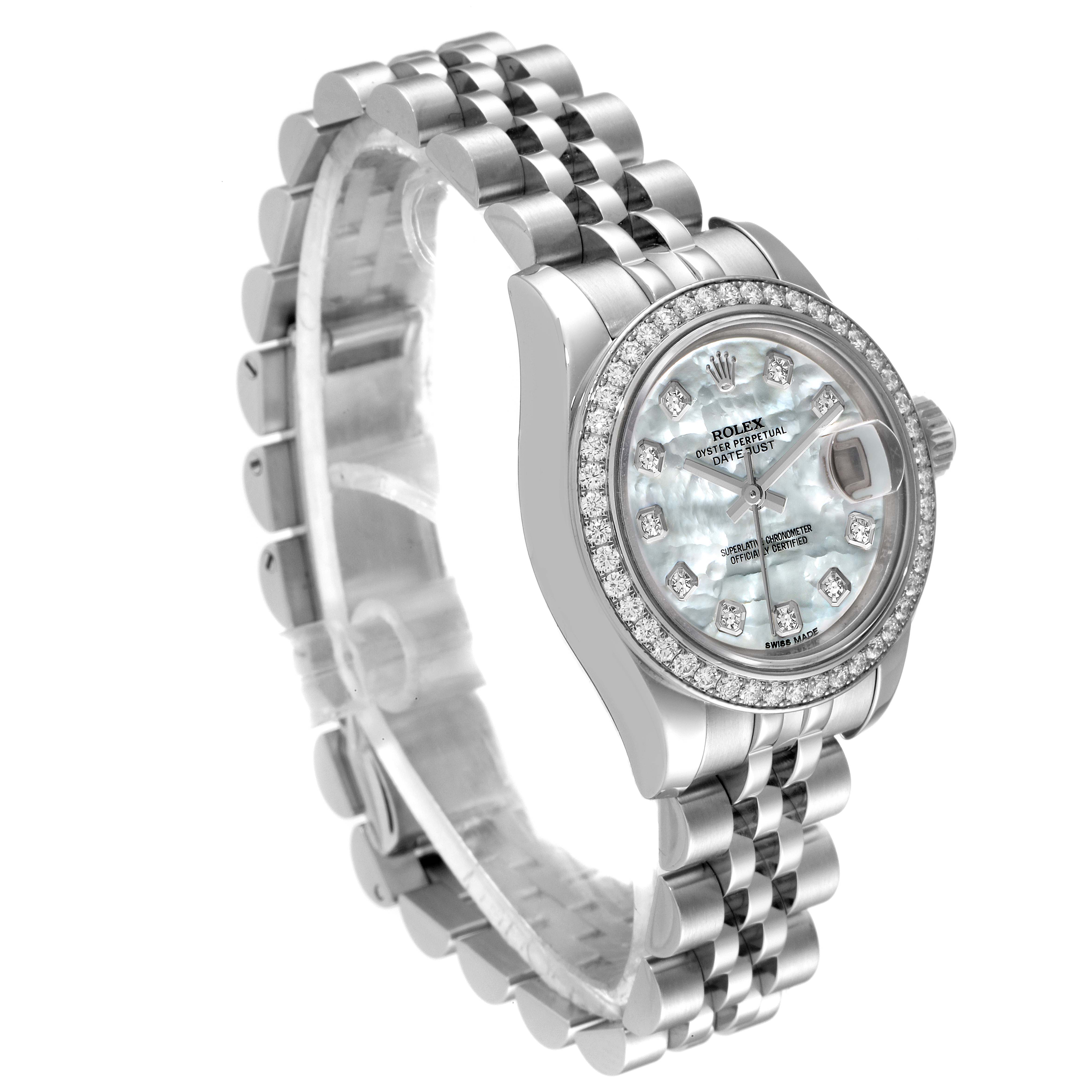 The Rolex Datejust 179384 Women
s Stainless Steel Mother of Pearl Dial 179384 Women
s Stainless Steel Mother of Pearl Dial watch is shown at an angled view highlighting its face, bezel, and bracelet.