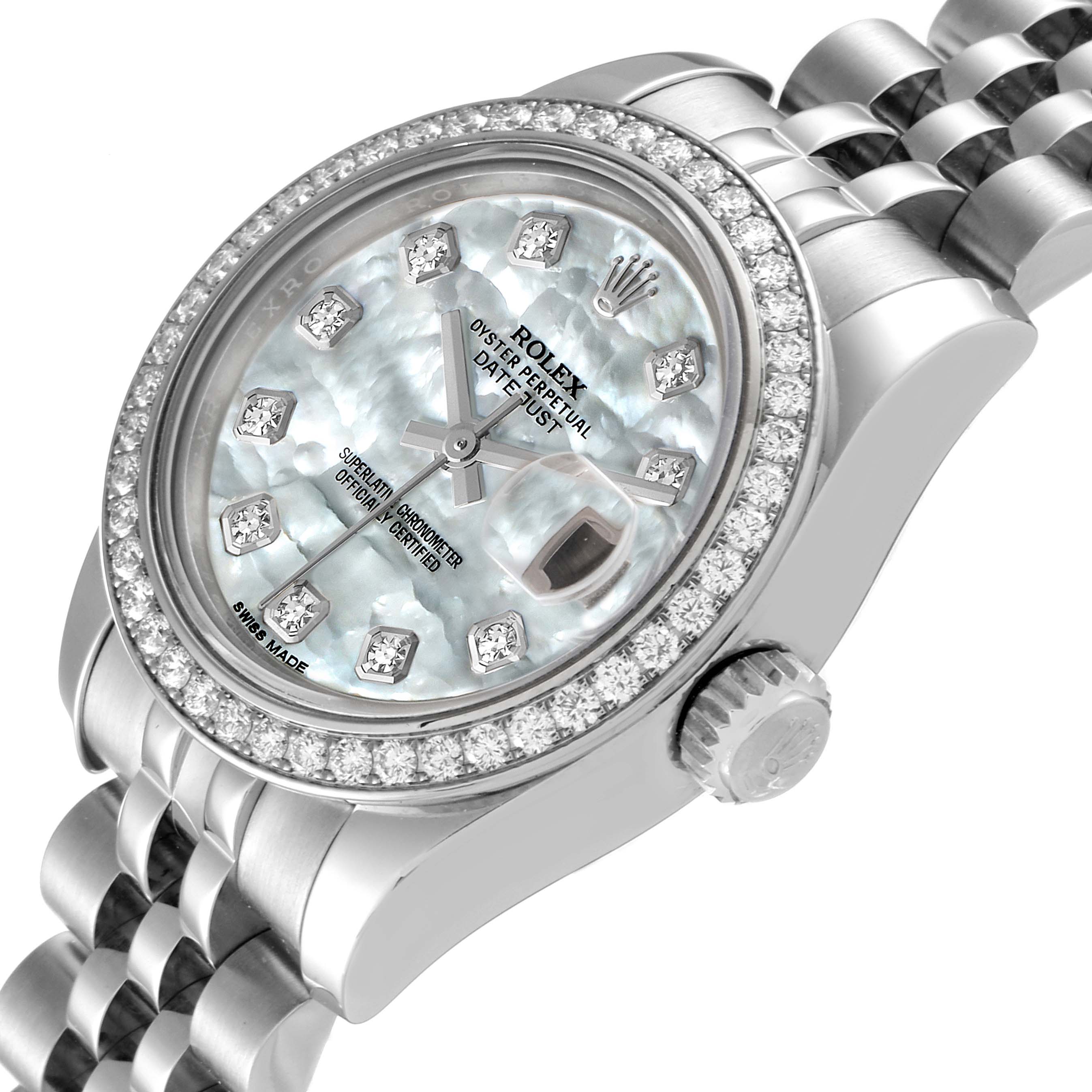 The image shows a close-up, angled view of a Rolex Datejust 179384 Women
s Stainless Steel Mother of Pearl Dial 179384 Women
s Stainless Steel Mother of Pearl Dial watch, highlighting its face, bezel, and part of the bracelet.