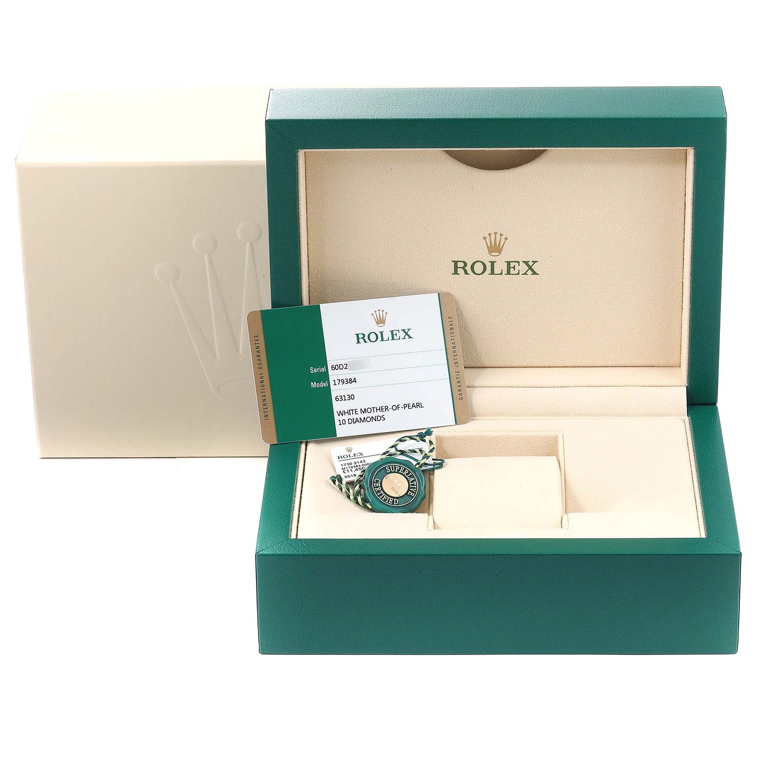 The image shows a Rolex Datejust 179384 Women
s Stainless Steel Mother of Pearl Dial 179384 Women
s Stainless Steel Mother of Pearl Dial watch box with the tag and a certification card partially displayed above.