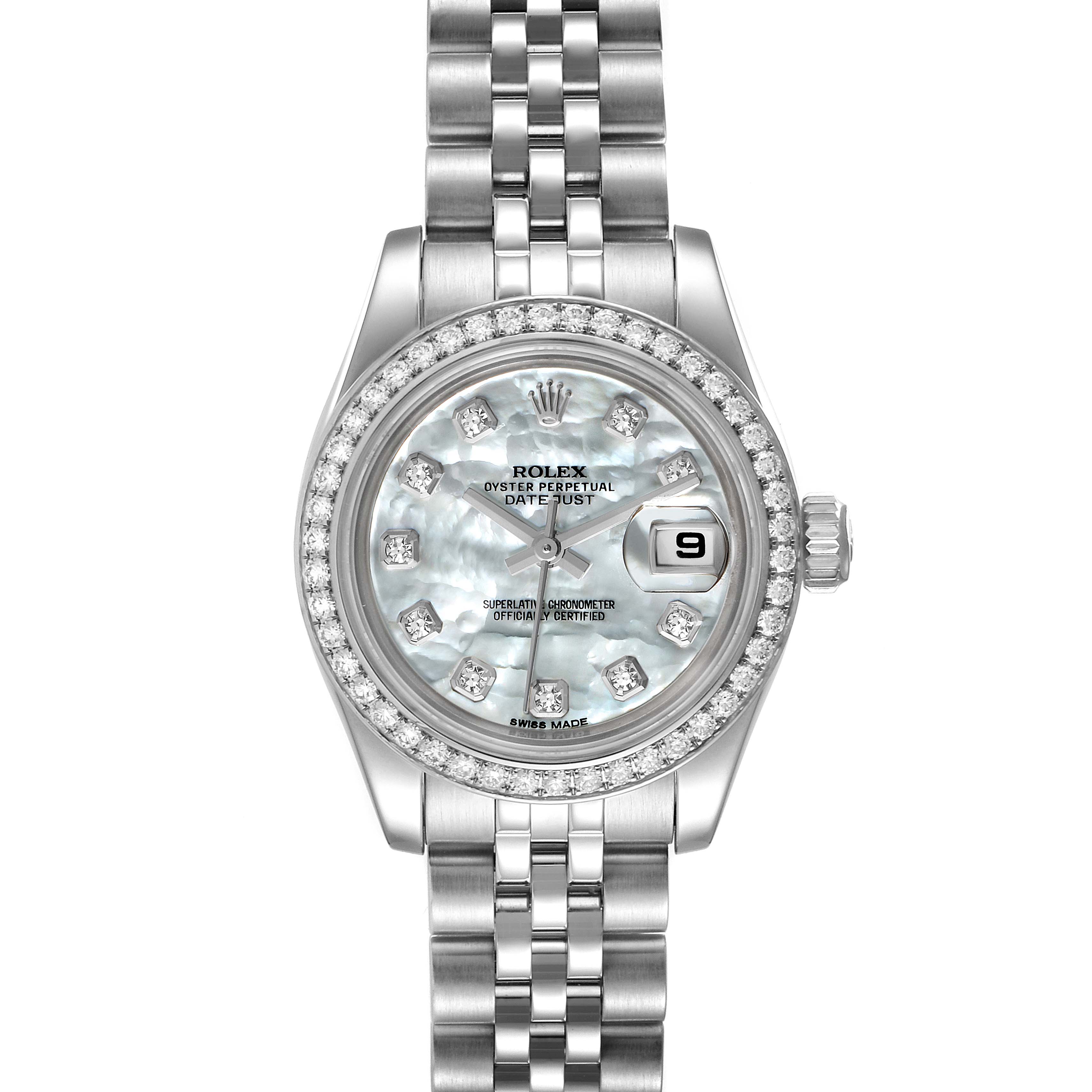 This image shows a Rolex Datejust 179384 Women
s Stainless Steel Mother of Pearl Dial 179384 Women
s Stainless Steel Mother of Pearl Dial watch from a straight-on view, displaying its dial, bezel, and part of the bracelet.