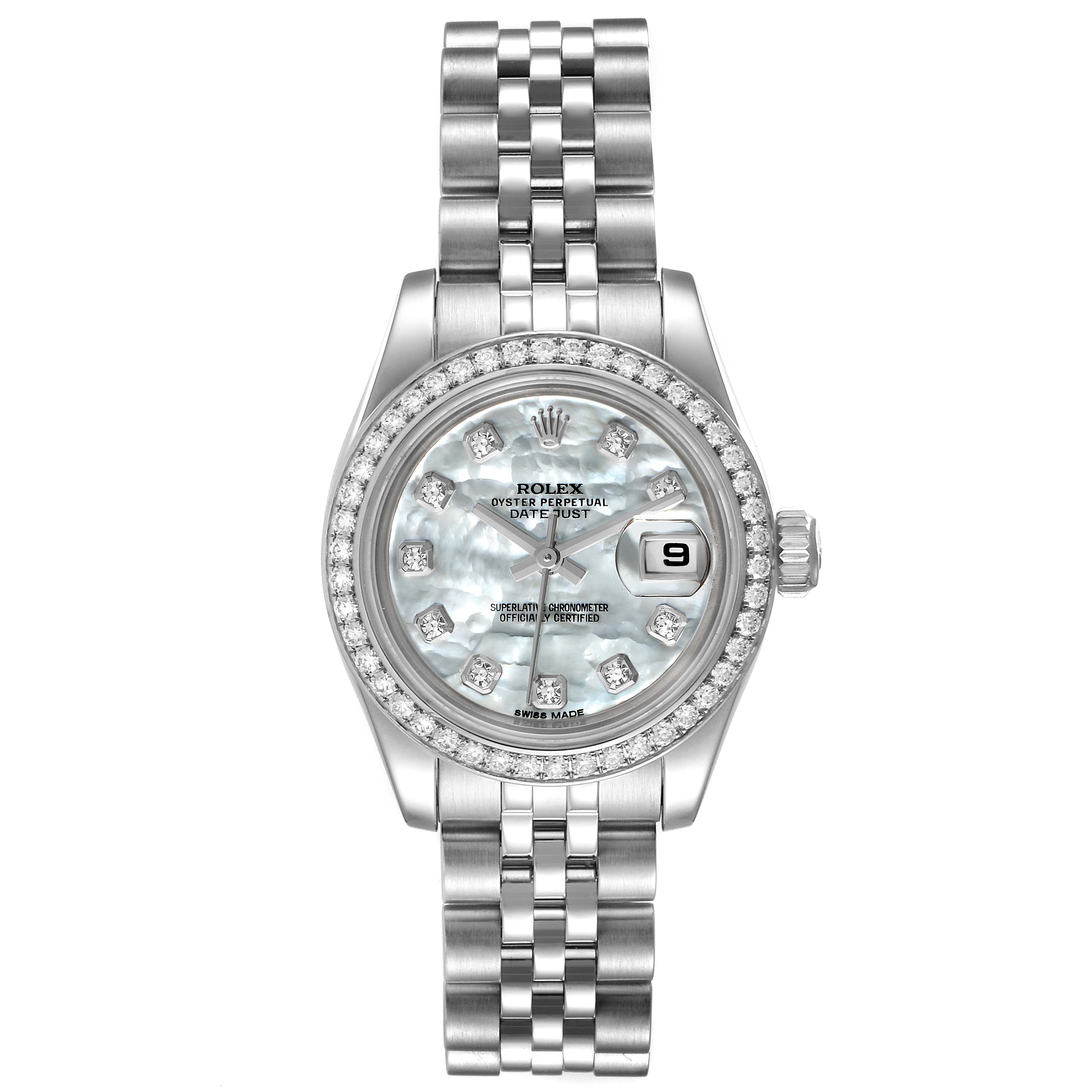 The image shows a front view of a Rolex Datejust 179384 Women
s Stainless Steel Mother of Pearl Dial 179384 Women
s Stainless Steel Mother of Pearl Dial watch, highlighting its face, bezel, and bracelet.