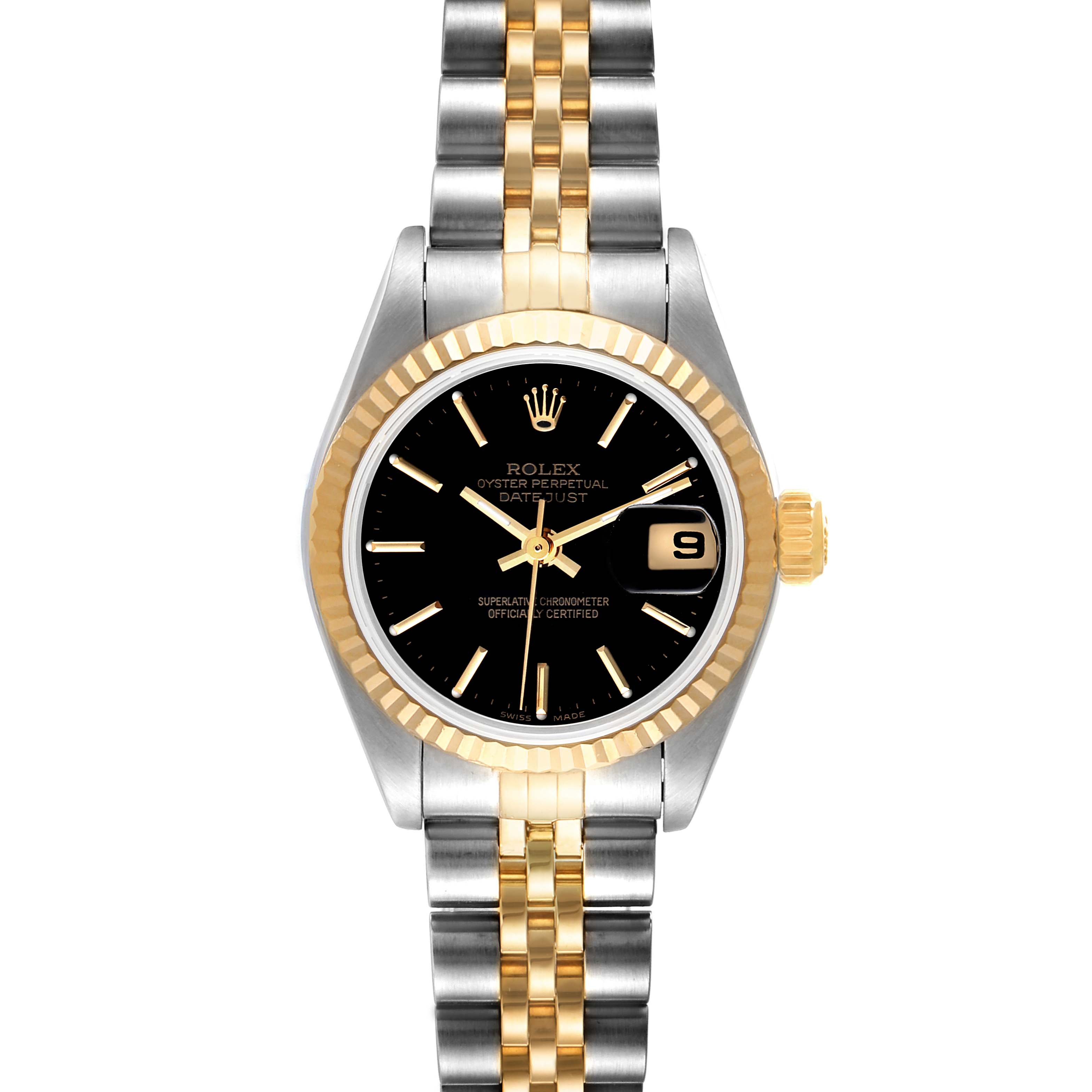 This image shows a front view of a Rolex Datejust 79173 Women's Steel and Gold (two tone) Black Dial 79173 Women's Steel and Gold (two tone) Black Dial watch, highlighting its face, bezel, and two-tone bracelet.