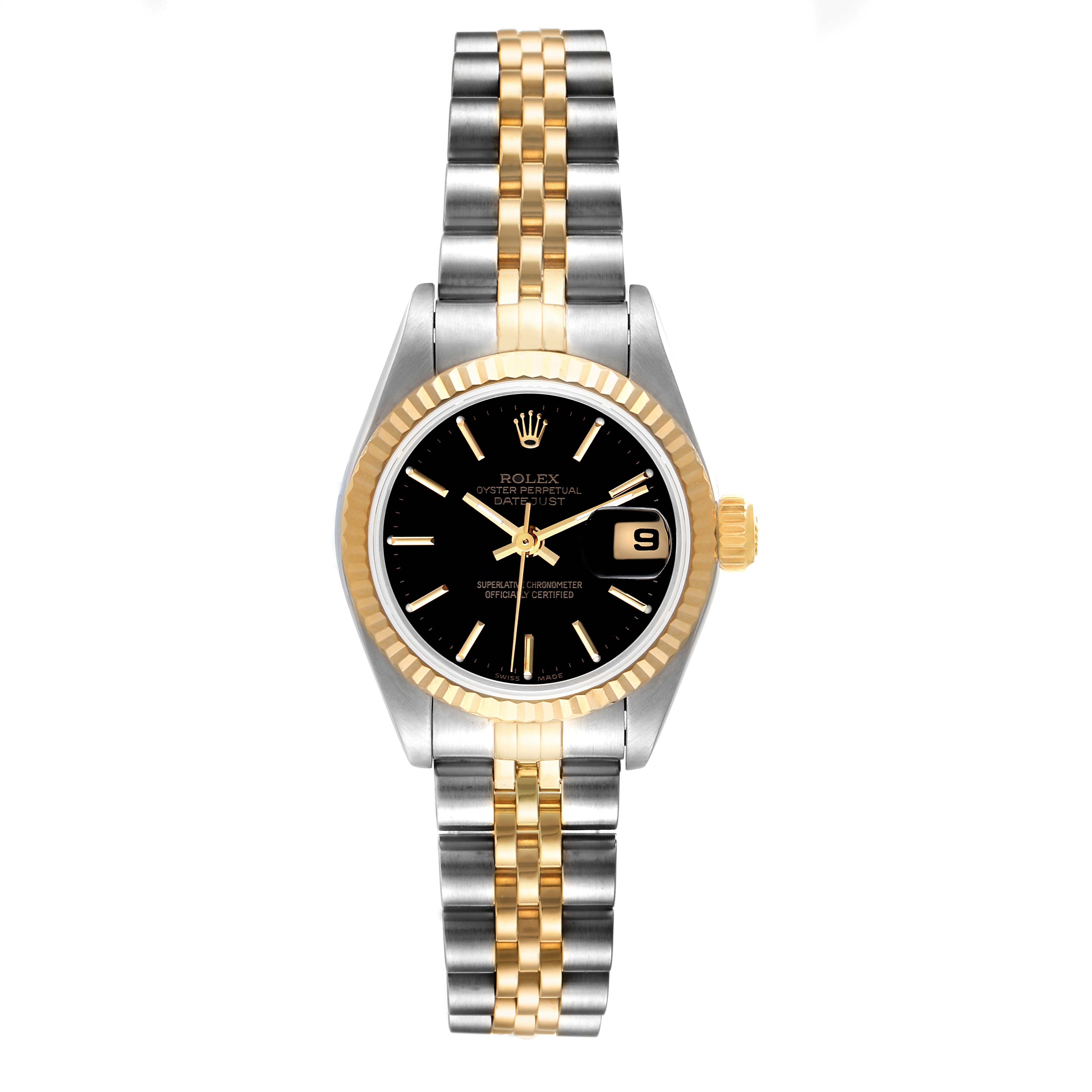 This image shows a Rolex Datejust 79173 Women's Steel and Gold (two tone) Black Dial 79173 Women's Steel and Gold (two tone) Black Dial watch from a front angle, highlighting the dial, bezel, and two-tone bracelet.