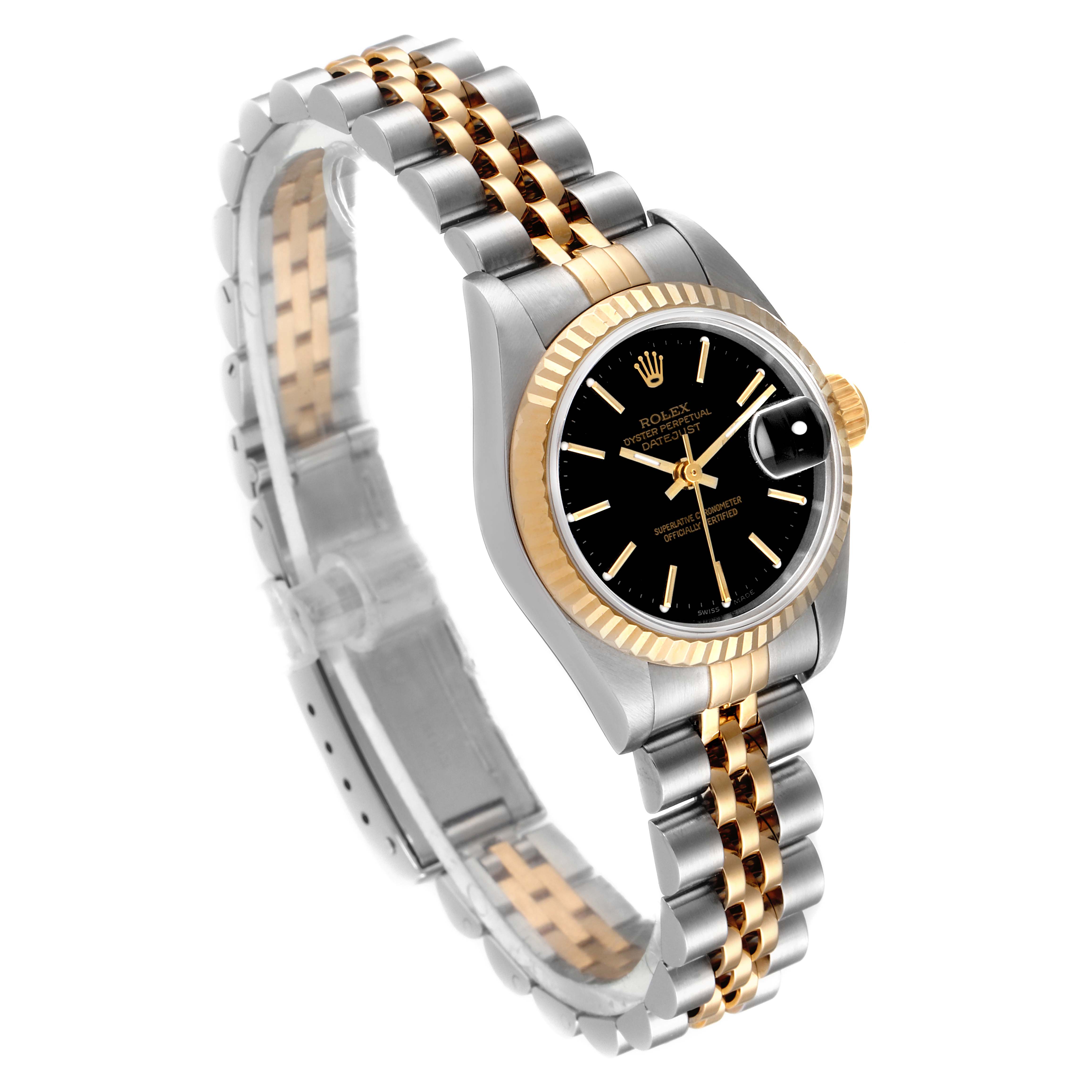 The image shows a Rolex Datejust 79173 Women's Steel and Gold (two tone) Black Dial 79173 Women's Steel and Gold (two tone) Black Dial watch at an angle revealing the face, bezel, and part of the Jubilee bracelet.