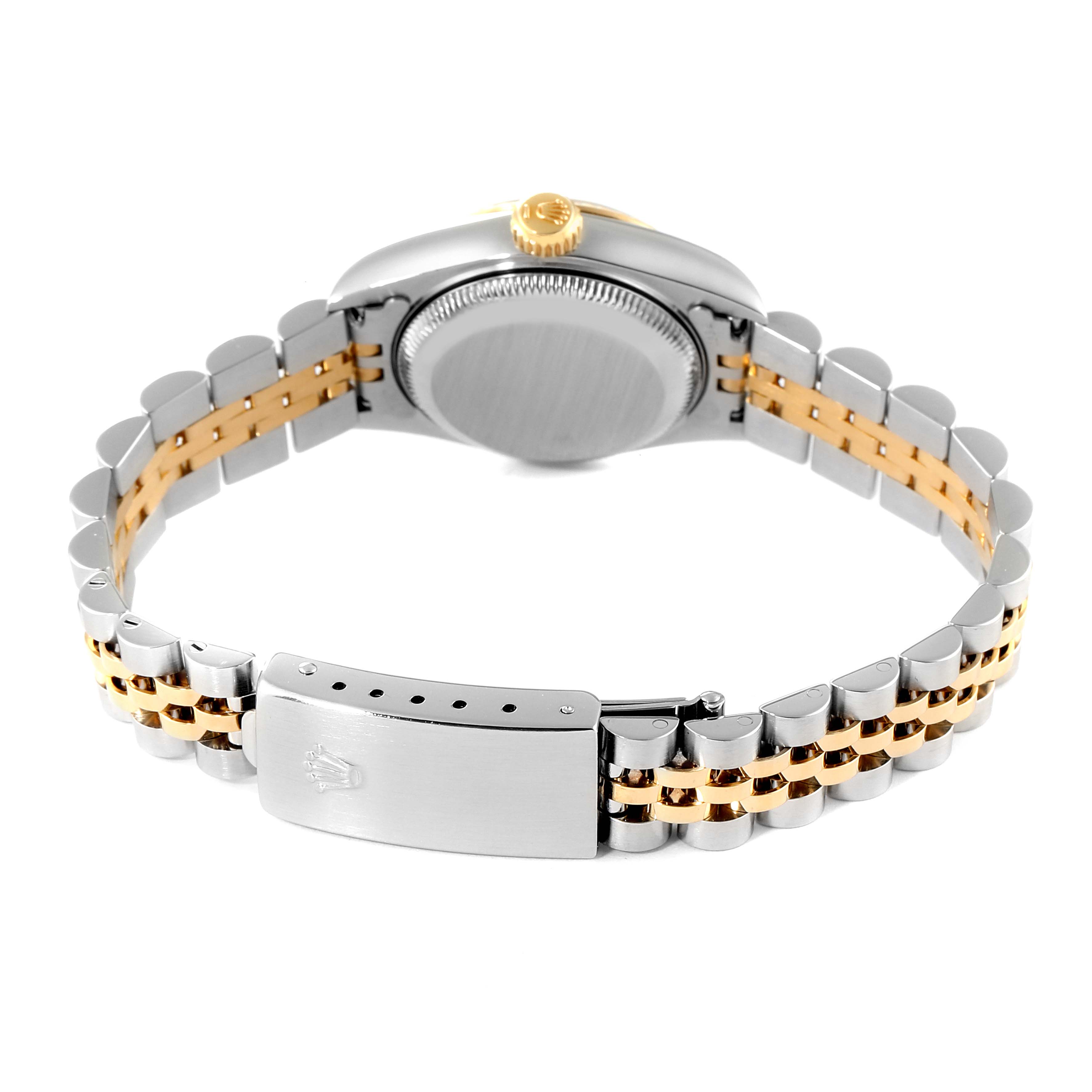 The image shows the back and bracelet of a Rolex Datejust 79173 Women's Steel and Gold (two tone) Black Dial 79173 Women's Steel and Gold (two tone) Black Dial watch at a slight angle.