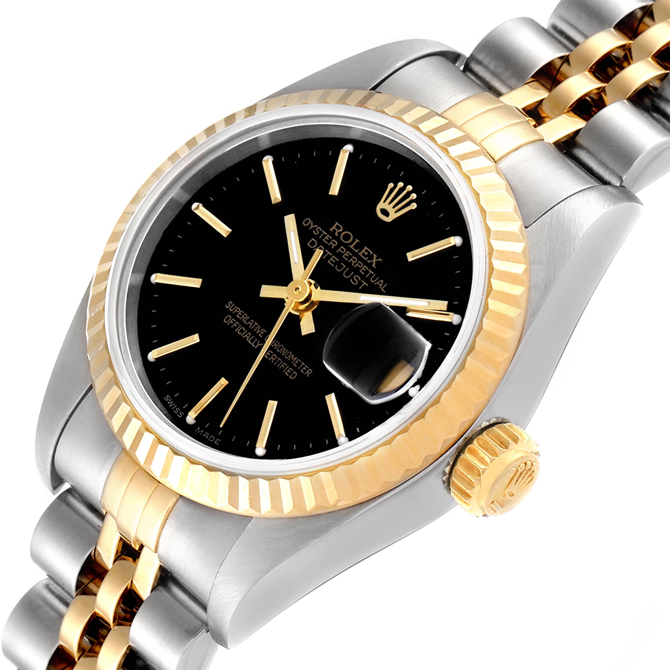 This image shows a close-up of the Rolex Datejust 79173 Women's Steel and Gold (two tone) Black Dial 79173 Women's Steel and Gold (two tone) Black Dial watch's face, bezel, crown, and part of the bracelet.