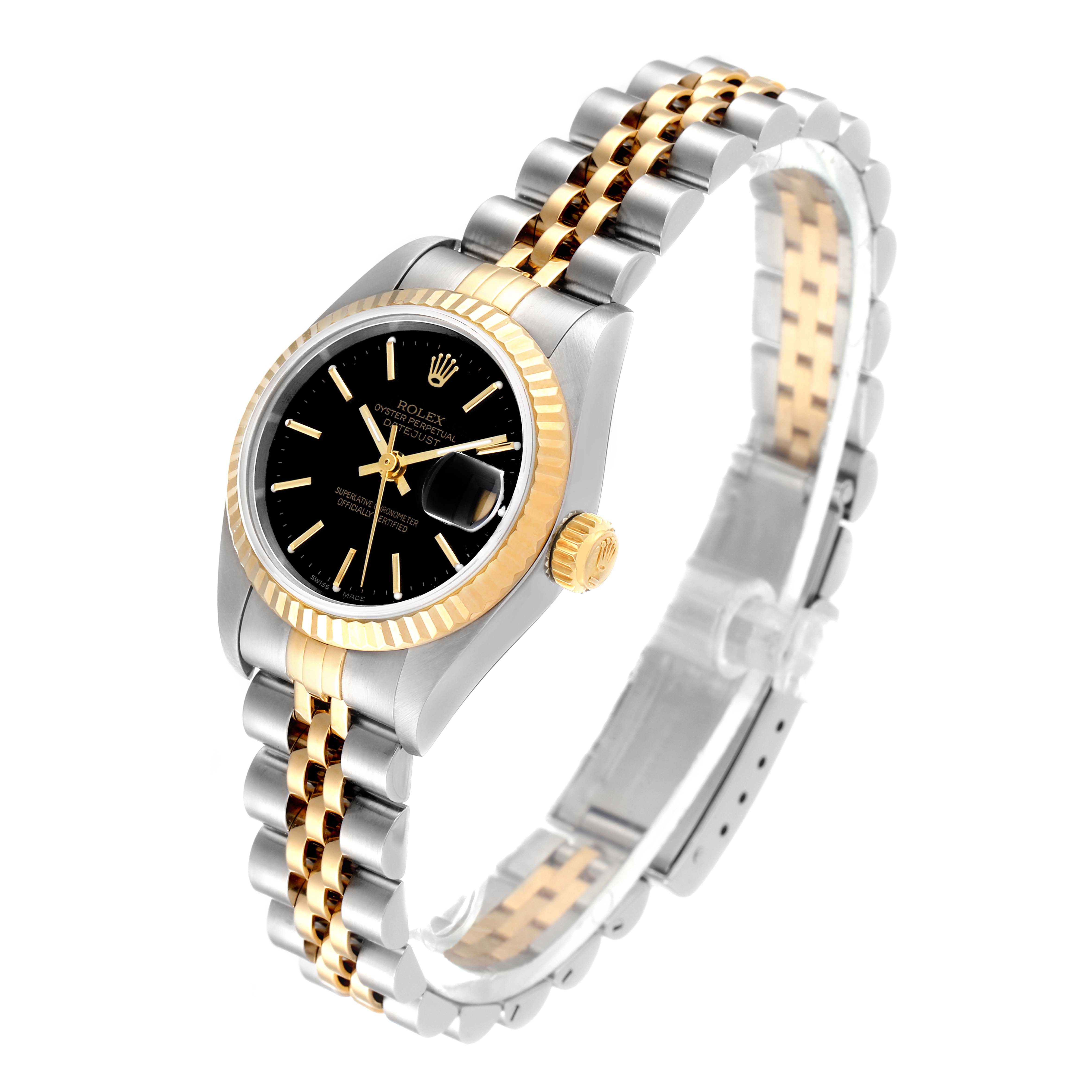 The image shows a Rolex Datejust 79173 Women's Steel and Gold (two tone) Black Dial 79173 Women's Steel and Gold (two tone) Black Dial watch at an oblique angle, highlighting the dial, bezel, crown, and jubilee bracelet.